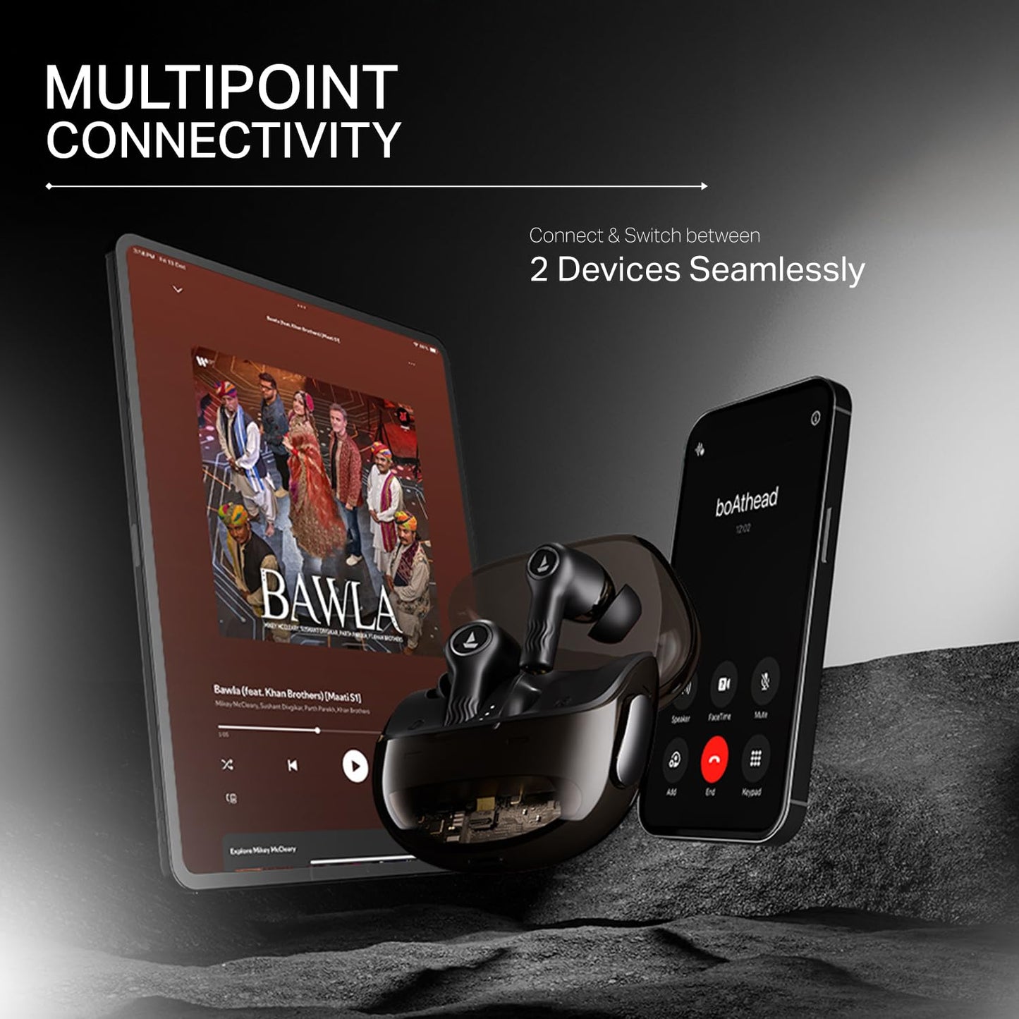 boAt Nirvana Crystl (2025 Launch), Transparent Case,Spatial Audio, ANC(~32dB), 100Hrs Battery,4Mics ENx,App Support, Bluetooth Earbuds, TWS Ear Buds Wireless Earphones with mic (Quantum Black)