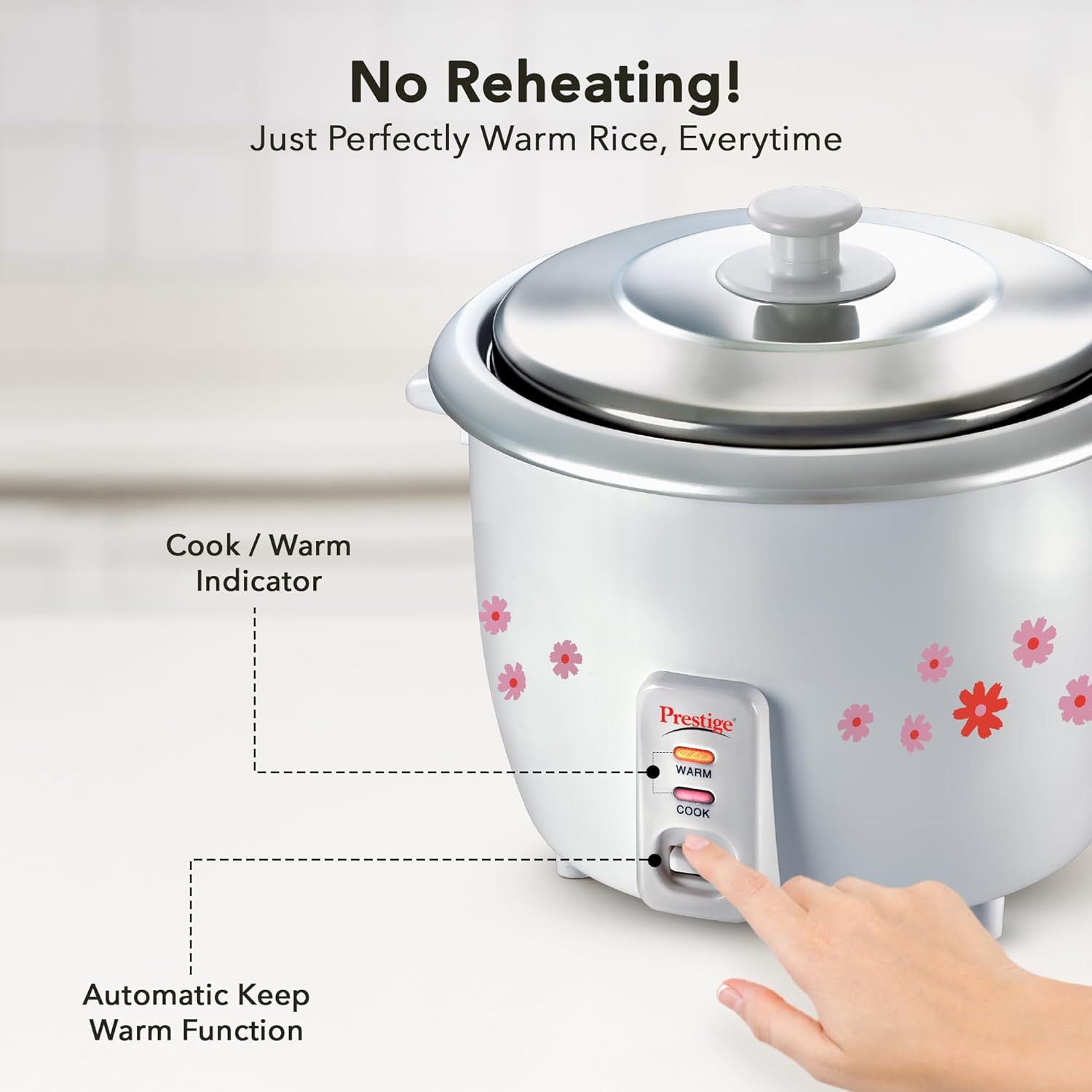 Prestige PRWO 1.8-2 Electric Rice Cooker| 2 Aluminium Cooking Pans | Stainless Steel Lid | Grey/White | Cool Touch Handles | Detachable Power Cord | 700- Watt|1.8 Litres