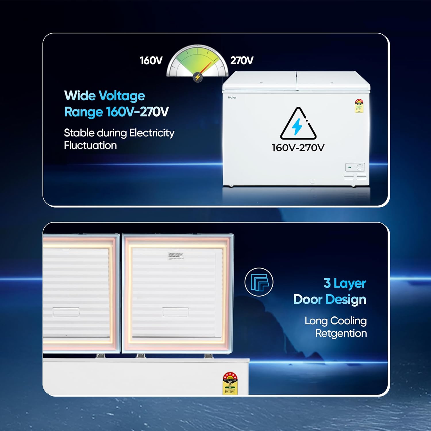 Haier HFC-320DM5, 5 Star Rating Double Door Convertible Deep Freezer, 5 Side Uniform Freezing, Heavy Duty Compressor, inside metal liner with 3 Layer Door Design (White)