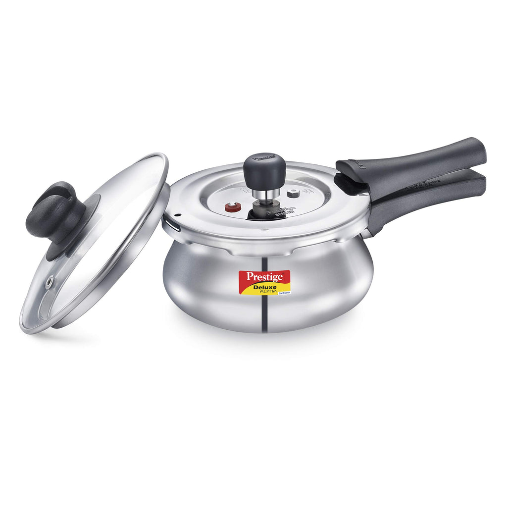 Prestige 3L Svachh Deluxe Alpha stainless steel Pressure Cooker|Outer lid|3-4 personsl|Deep lid for spillage control|Gas & induction compatible|Controlled GasketRelease System|Silver|10 years warranty
