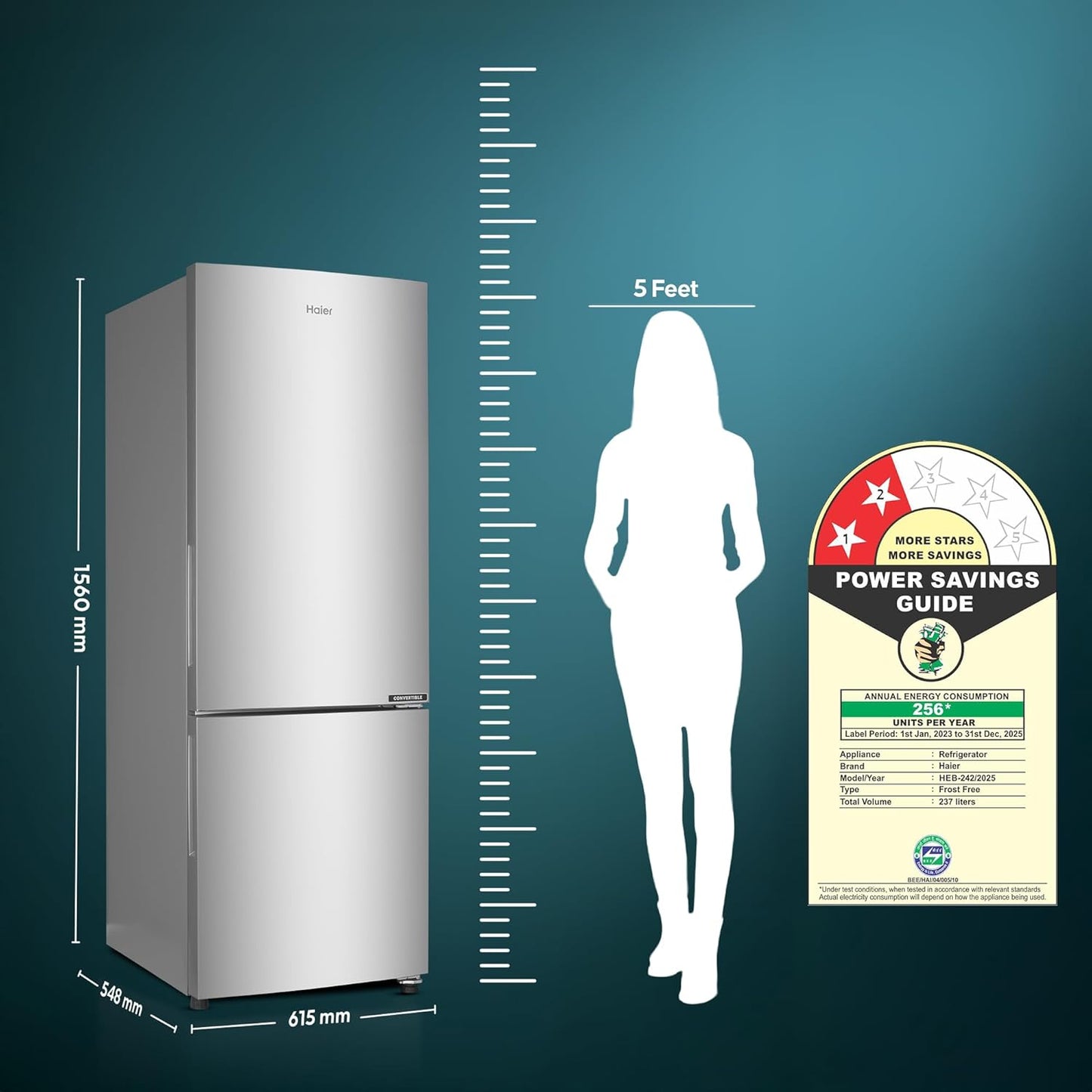 Haier 237 L, 2 Star, 8 In 1 Convertible, Frost Free Double Door Bottom Mount Refrigerator (HEB-242GS-P, Moon Silver)