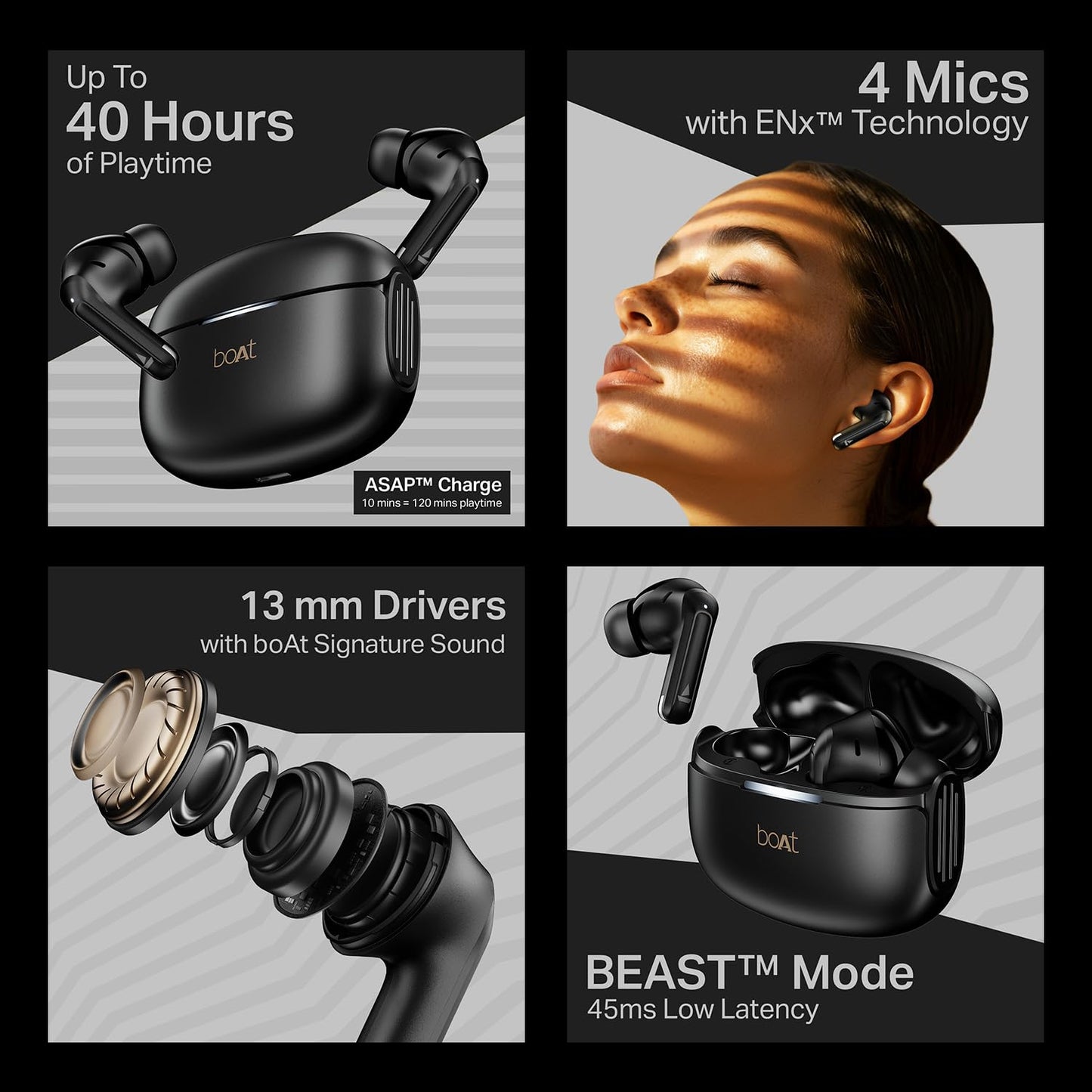 boAt 2025 Launch Airdopes 219, 4Mics ENx Tech, 40 Hrs Battery, Best in Segment for Calling,Free Music Streaming,13mm Drivers, Bluetooth Earbuds, TWS Ear Buds Wireless Earphones with mic (Carbon Black)