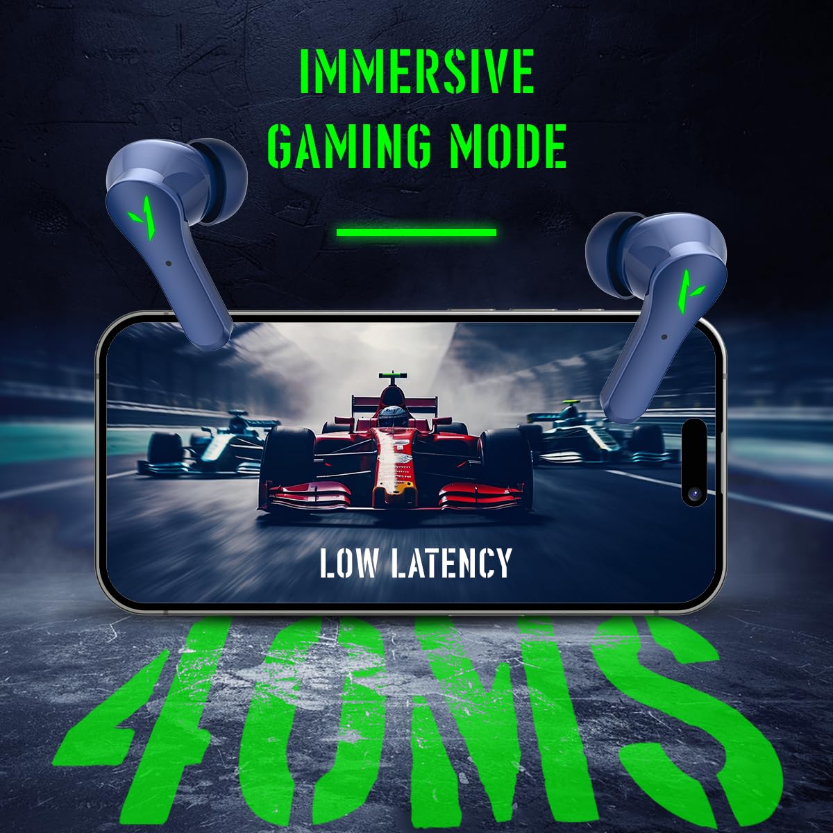 pTron Bassbuds Rogue W/ 40Ms Low-Latency Gaming,Clear Calls,50Hrs Playtime,Pristine Sound,V5.3 Bluetooth in Ear Headphones,Snug-Fit,RGB Lights,Touch Control,Voice Assist,IPX5 Water Resistant(Blue)