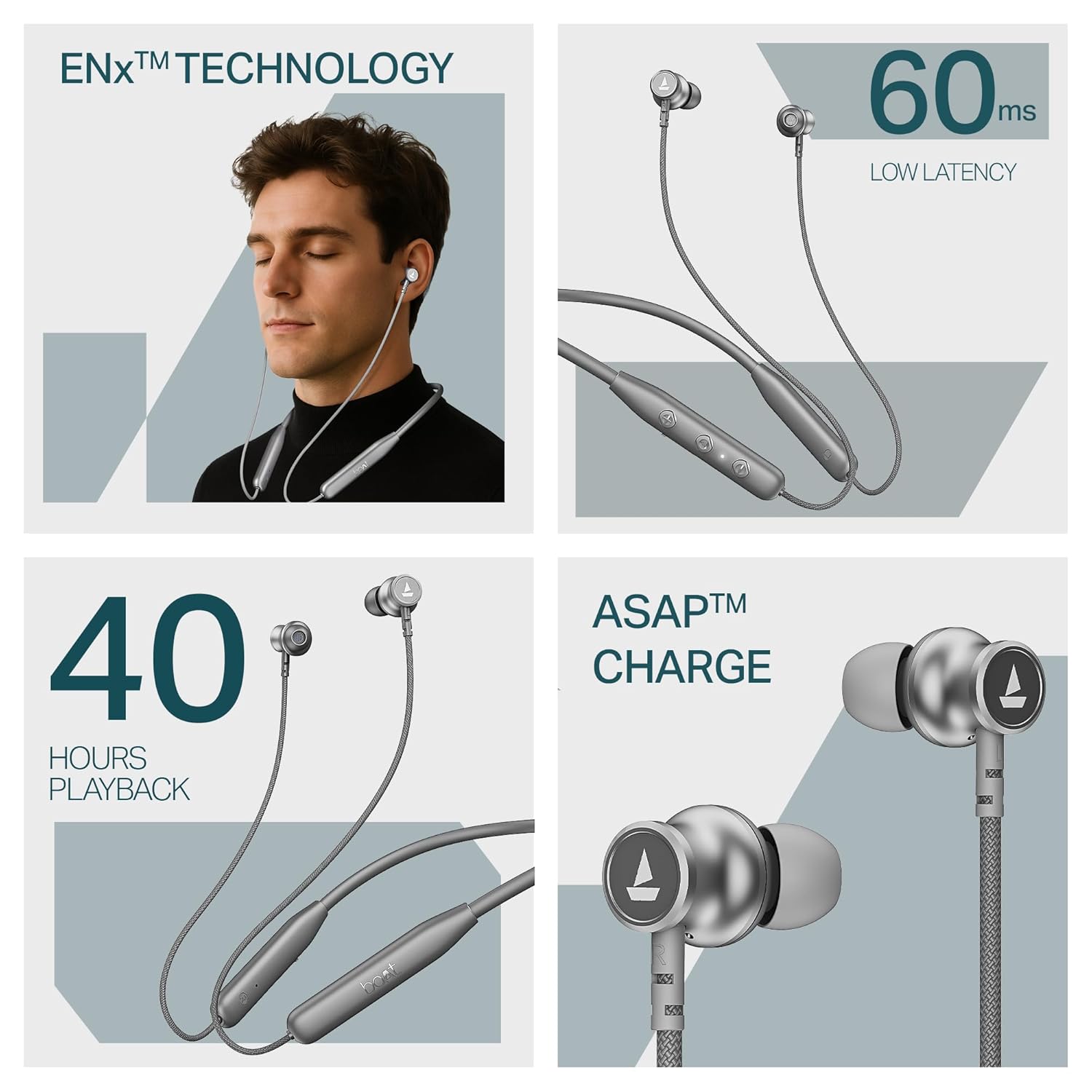 boAt Rockerz 113 (2025 Launch), 40 Hrs Playback, Dual Pair, Fast Charge, Enx Tech, Low Latency, Magnetic Buds, Bluetooth Neckband, Wireless with Mic in Ear Earphones(Ash Grey)