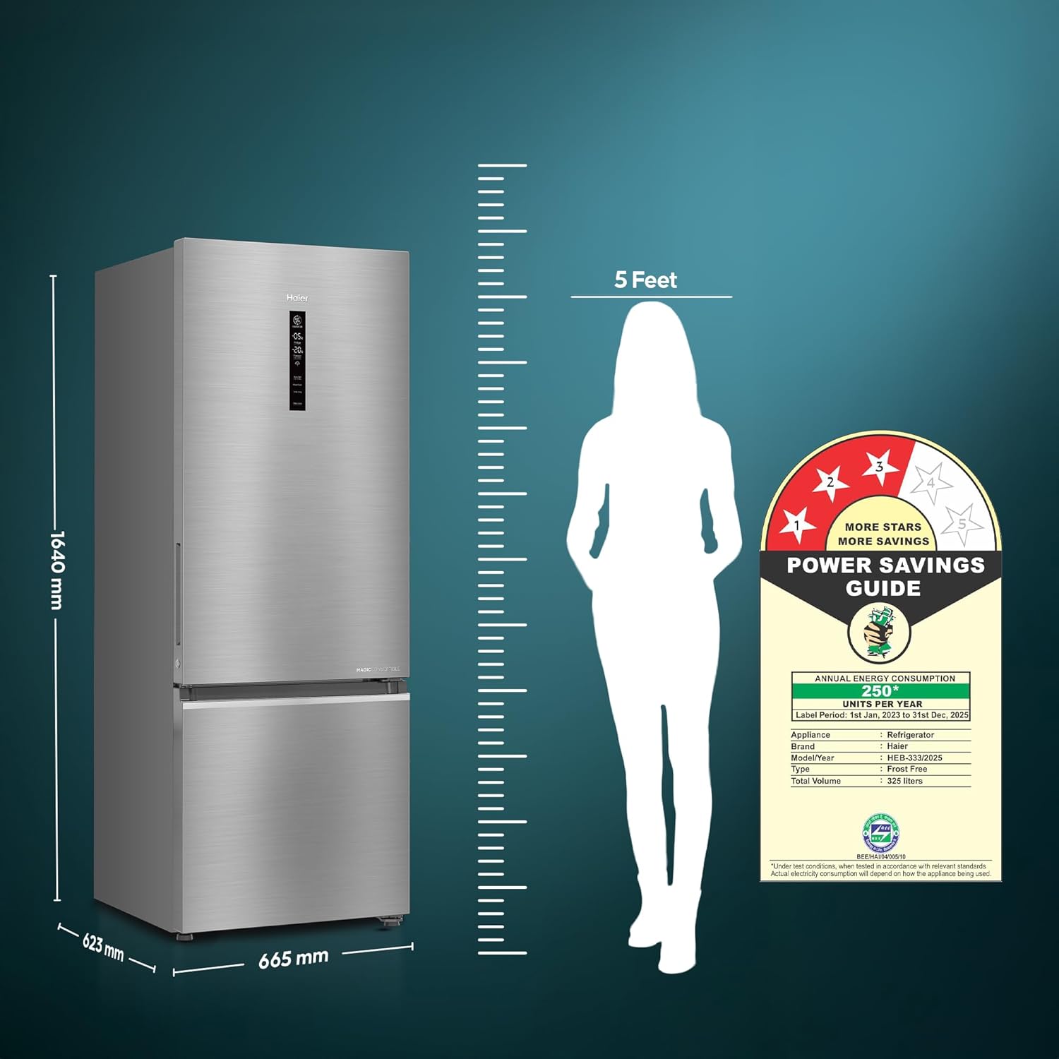 Haier 325 L 3 Star Frost Free Bottom Mount Double Door Refrigerator|Convertible 14-in-1|Jhukna Mat-Bottom Freezer|Digital Display Panel|Triple Inverter|Twist Ice Maker (HEB-333DS-P, Dazzle Steel)