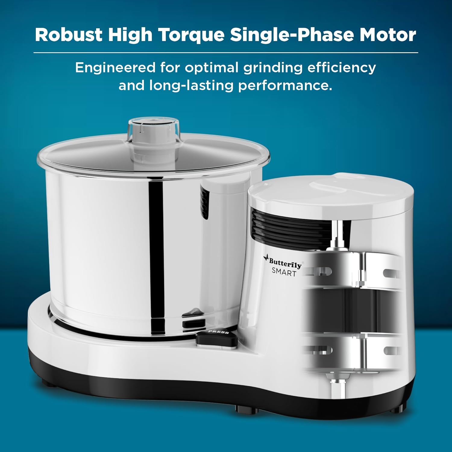 Butterfly Smart 2 Litres Table-Top Wet Grinder|150 Watts|Shockproof ABS Body| Coconut Scrapper Attachment|2 stones with 4-Way Grinding| Stainless Steel Drum | 2 Years Manufacturer's Warranty | White