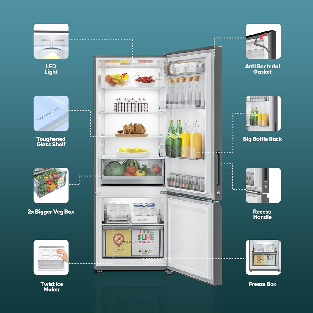 Haier 325 L 3 Star Frost Free Bottom Mount Double Door Refrigerator|Convertible 14-in-1|Jhukna Mat-Bottom Freezer|Digital Display Panel|Triple Inverter|Twist Ice Maker (HEB-333DS-P, Dazzle Steel)