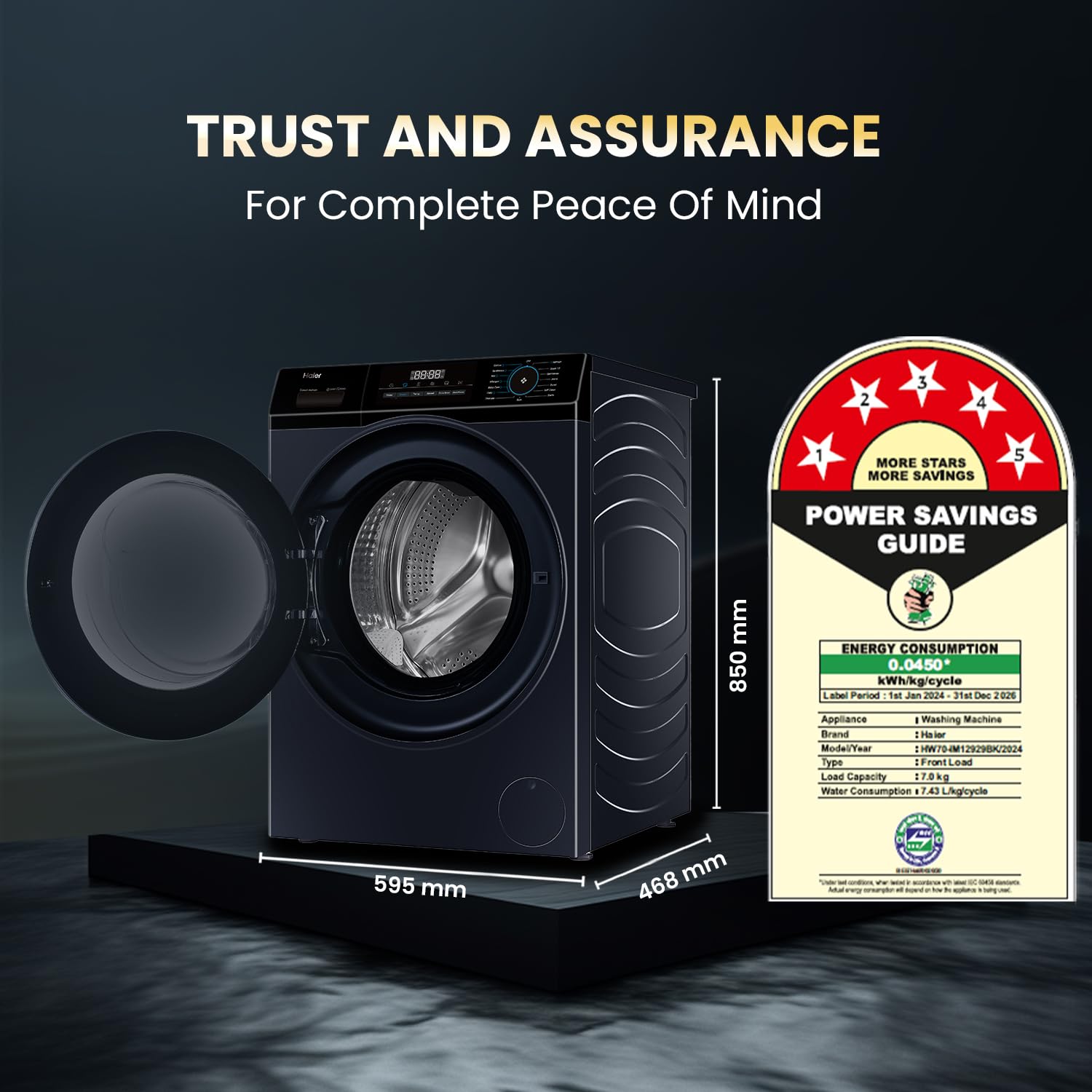 Haier 7 Kg 5 Star Powered by AI-DBT with PuriSteam, 525mm Super Drum Fully Automatic Front Load Washing Machine (HW70-IM12929BK, Inverter with In-Built Heater, Black)