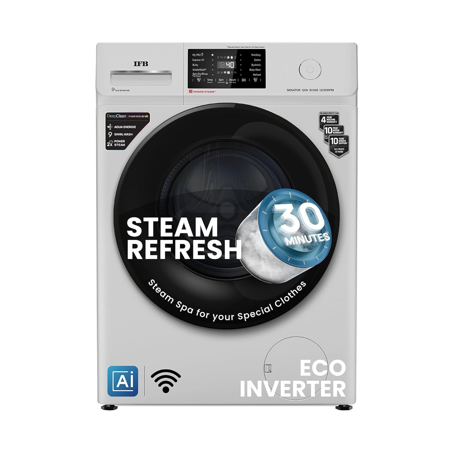 IFB 8 Kg 5 Star Powered by AI with 9 Swirl Wash, WiFi, Fully Automatic Front Load Washing Machine (Senator GXN 8012, Steam Refresh Program with Eco Inverter, Grey)