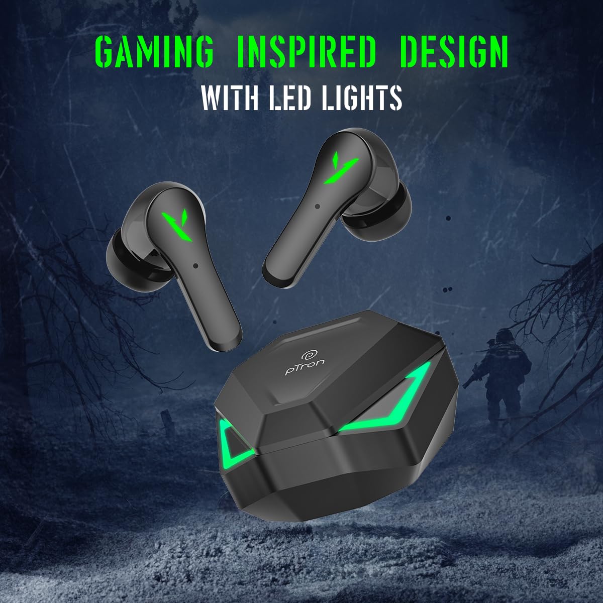 pTron Bassbuds Rogue W/ 40Ms Low-Latency Gaming,Clear Calls,50Hrs Playtime,Pristine Sound,V5.3 Bluetooth in Ear Headphones,Snug-Fit,RGB Lights,Touch Control,Voice Assist,IPX5 Water Resistant(Black)