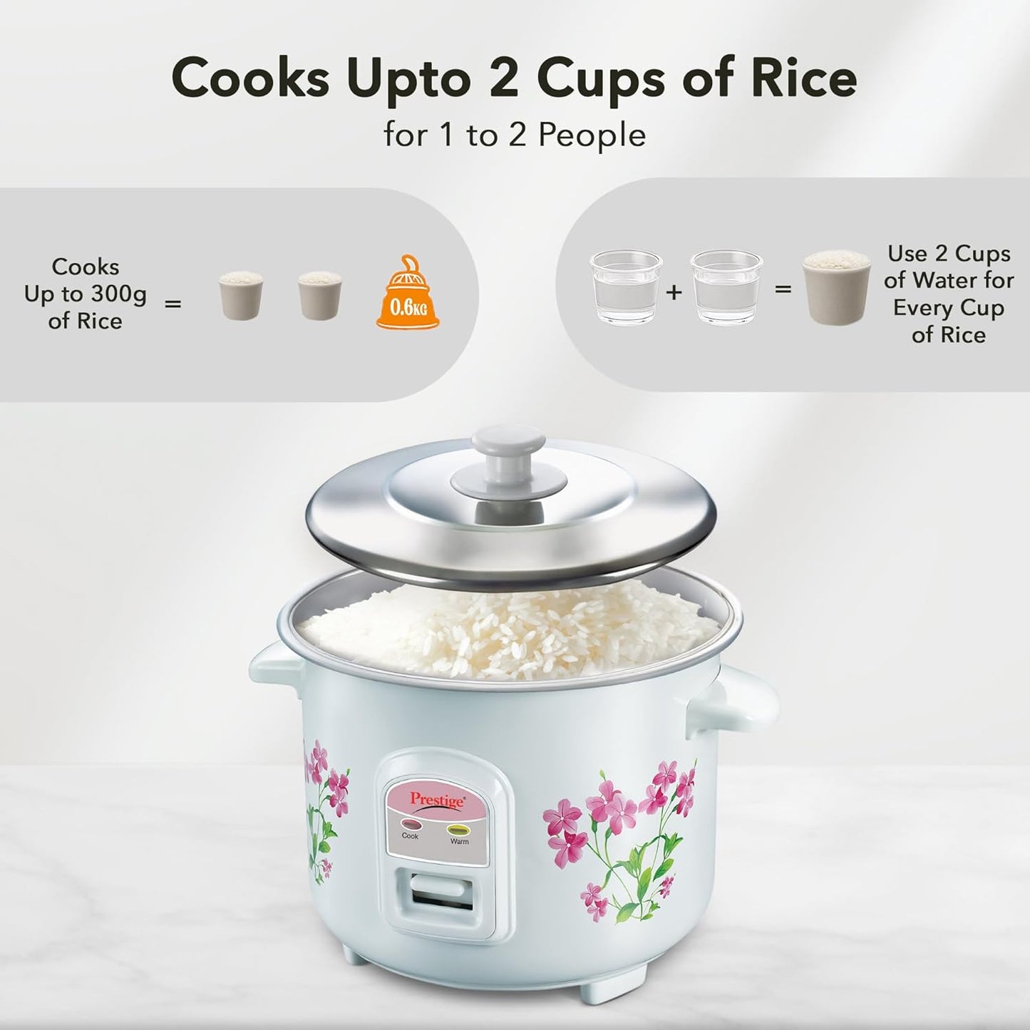 Prestige PRWO 0.6 L Electric Rice Cooker with 2 cooking pans|Detachable power cord|Durable body|Cool touch handles|White| Raw capacity-0.3L|Cooked capacity-0.6 L|Cooks for a family of 1 to 2 members