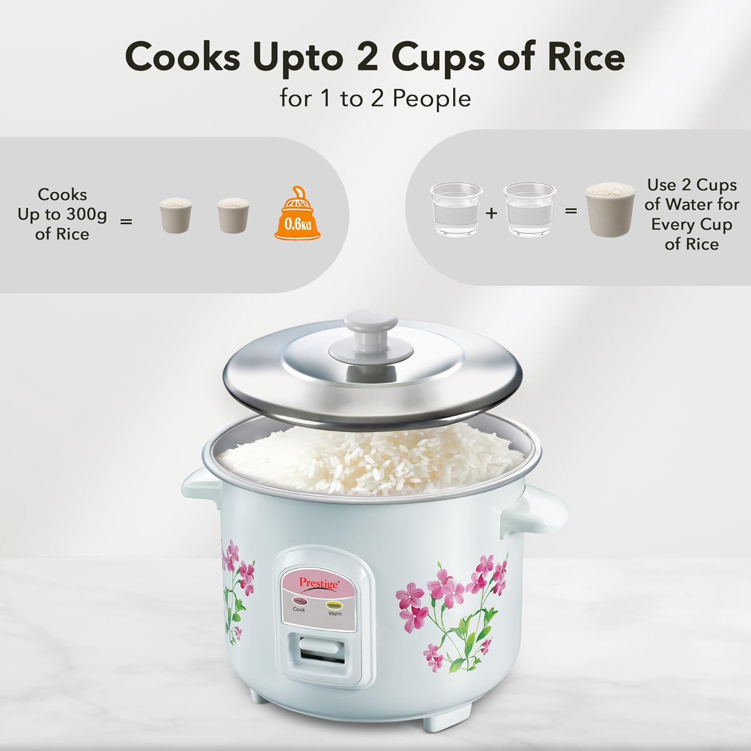 Prestige PRWO 0.6 L Electric Rice Cooker with 2 cooking pans|Detachable power cord|Durable body|Cool touch handles|White| Raw capacity-0.3L|Cooked capacity-0.6 L|Cooks for a family of 1 to 2 members