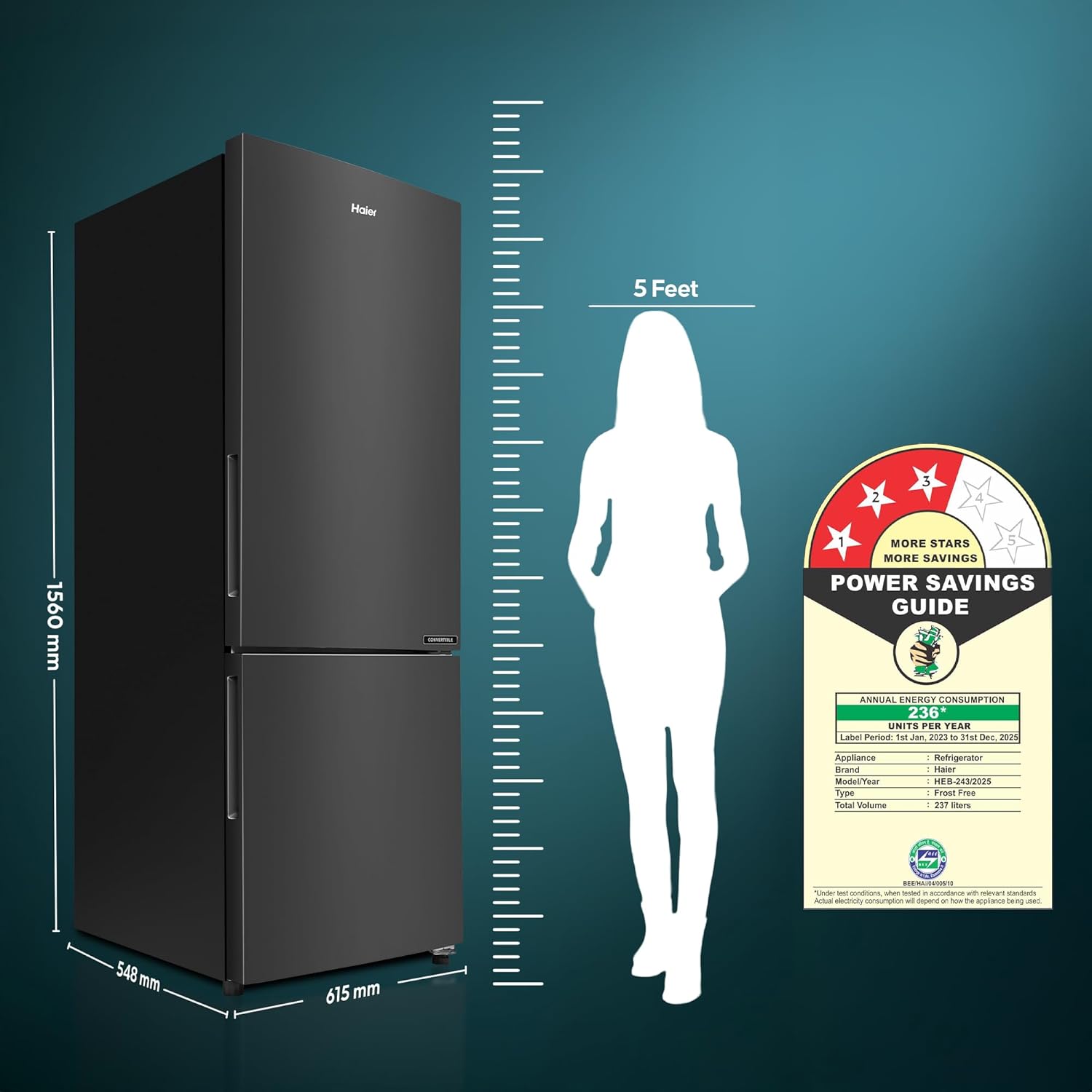 Haier 237 L, 3 Star, 8 In 1 Convertible, Twin Inverter Technology, Bottom Mounted Frost Free Double Door Refrigerator (HEB-243GB-P, GE Black)