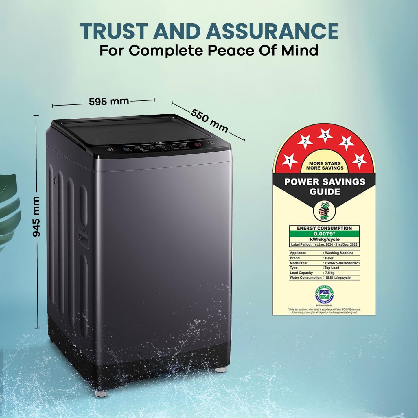 Haier 7.5 Kg 5 star Fully Automatic Top Loading Washing Machine HWM75-H826S6, Starry Silver, Butterfly Shape Heater, Oceanus Wave Drum,Near Zero Pressure, Toughened glass)