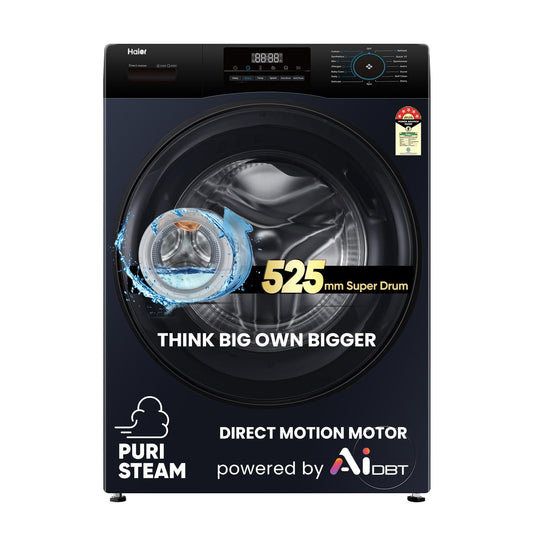 Haier 9 Kg 5 Star Powered by AI-DBT with Direct Drive Technology, PuriSteam, 525mm Super Drum Fully Automatic Front Load Washing Machine (EFL90-DM14IBIEBK,In-Built Heater,Steel Drum,Black)