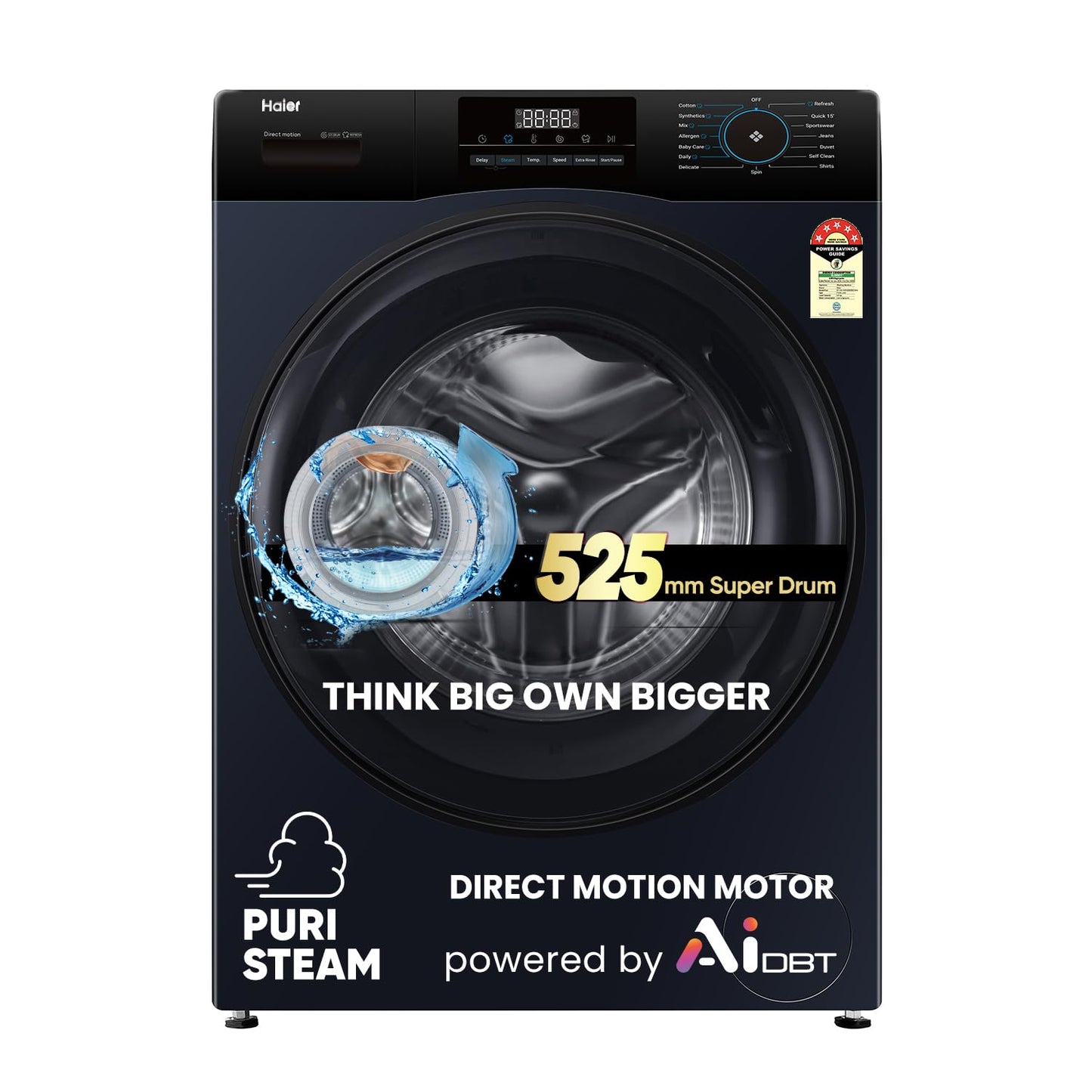 Haier 9 Kg 5 Star Powered by AI-DBT with Direct Drive Technology, PuriSteam, 525mm Super Drum Fully Automatic Front Load Washing Machine (EFL90-DM14IBIEBK,In-Built Heater,Steel Drum,Black)