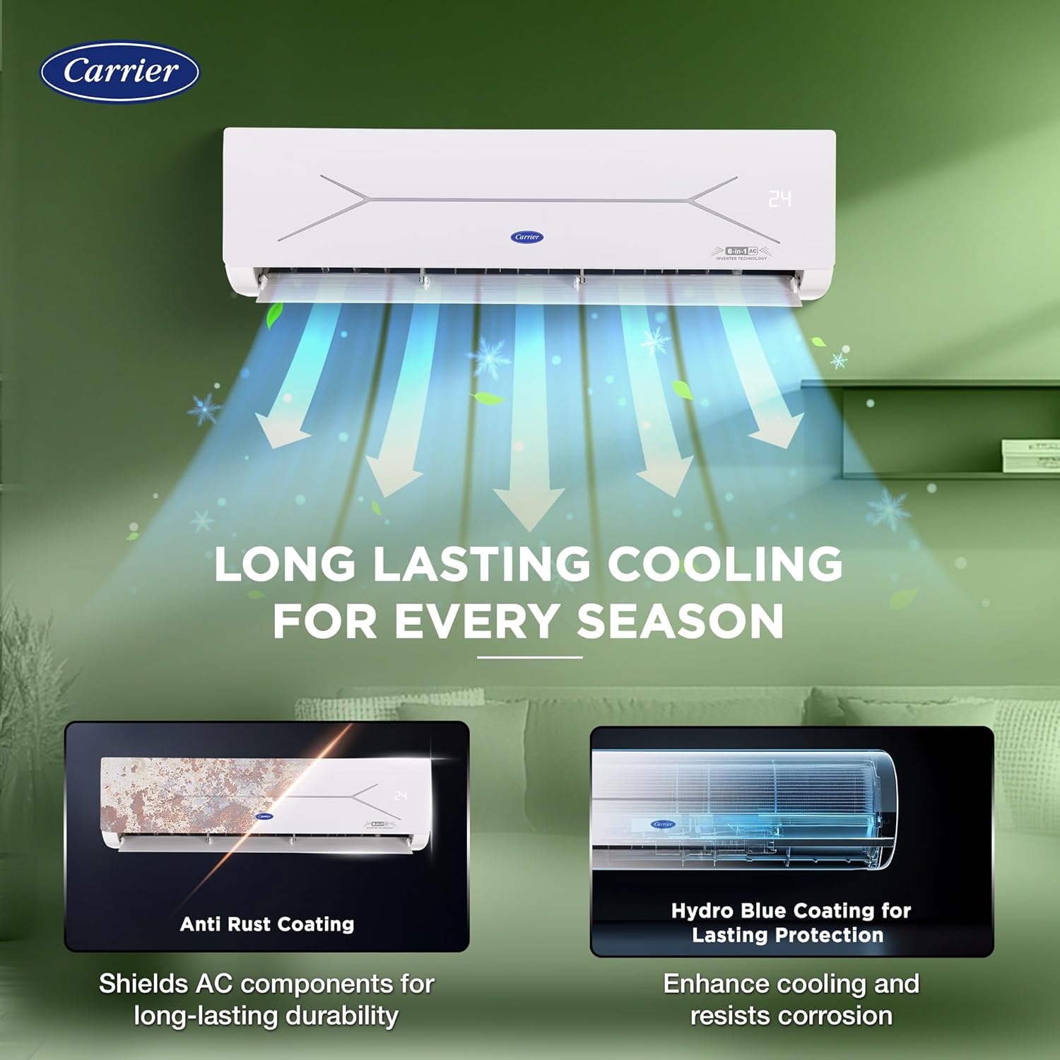 Carrier 1.5 Ton 3 Star Wi-Fi Smart Flexicool Inverter Split AC (Copper, Convertible 6-in-1 Cooling,Smart Energy Display, HD & PM 2.5 Filter, ESTER EDGE FXi (Wi-Fi), CAI18EE3R35W0,White)