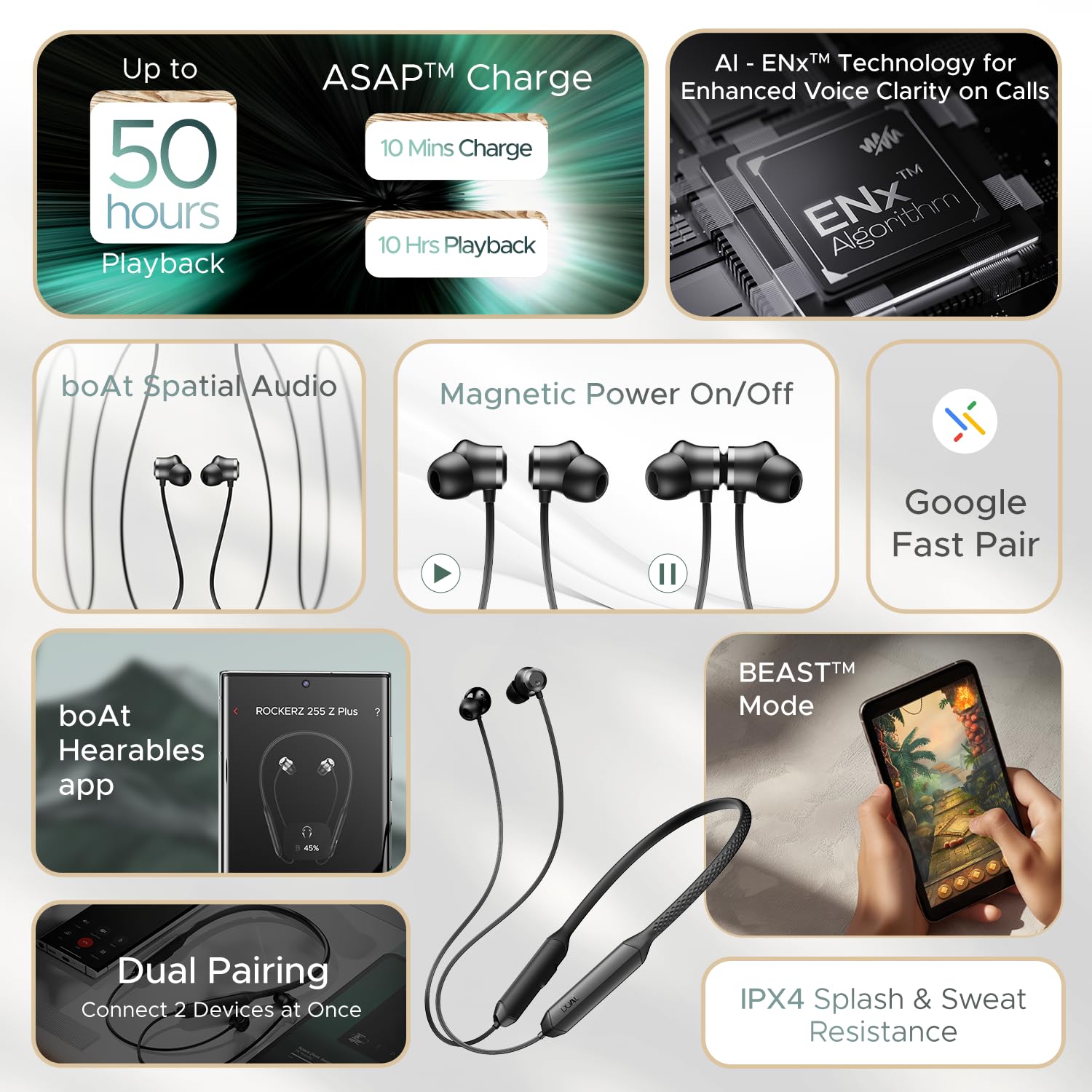 boAt Rockerz 255 Z Plus, AI-Enx Tech, Spatial Audio, 50HRS Battery, Low Latency Mode, Fast Charge, App Support, IPX4 BT V5.3, Bluetooth Neckband, Wireless With Mic In ear Phones (Active/Classic Black)