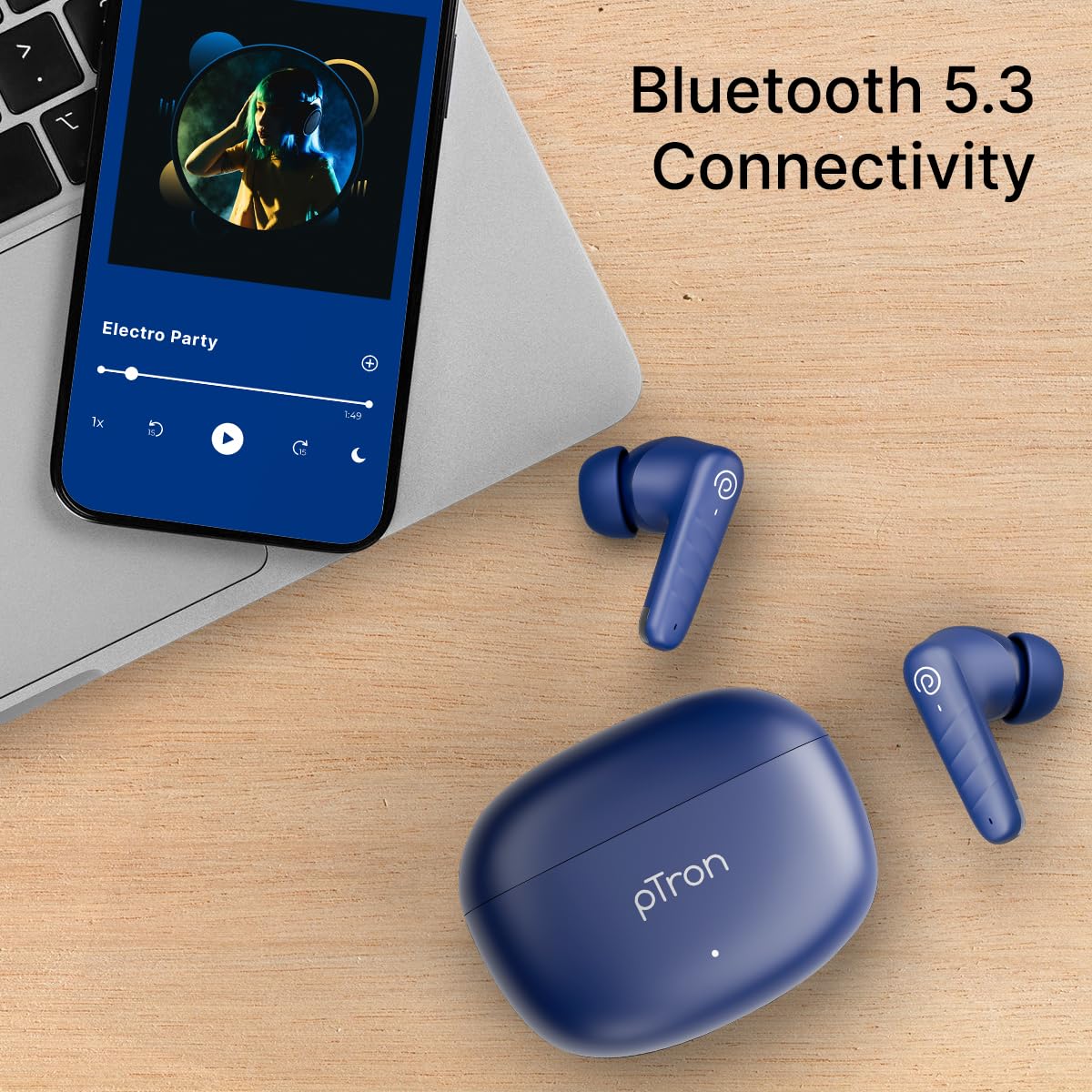 pTron Bassbuds Spark in-Ear TWS Earbuds with Stereo Sound, 40Hrs Playtime, Stereo Calls, Bluetooth V5.3 Headphones with Quick Pairing, Touch Control, Voice Assistant, Type C Charging & IPX5 (Blue)