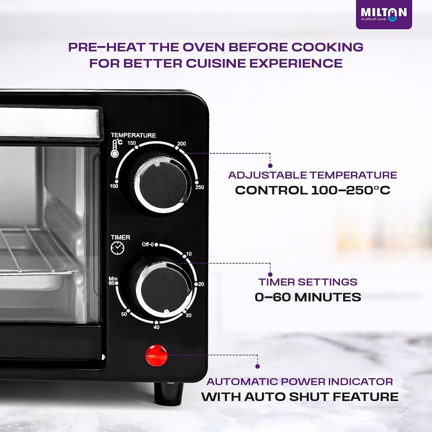 Milton 10L OTG Oven Toaster Griller for Kitchen | 800W | Royal Black Finish | Auto Shut-Off | 250°C Thermostat | Timer, Bell & Tempered Glass | Easy to Clean | Includes Grill Rack & Baking Tray