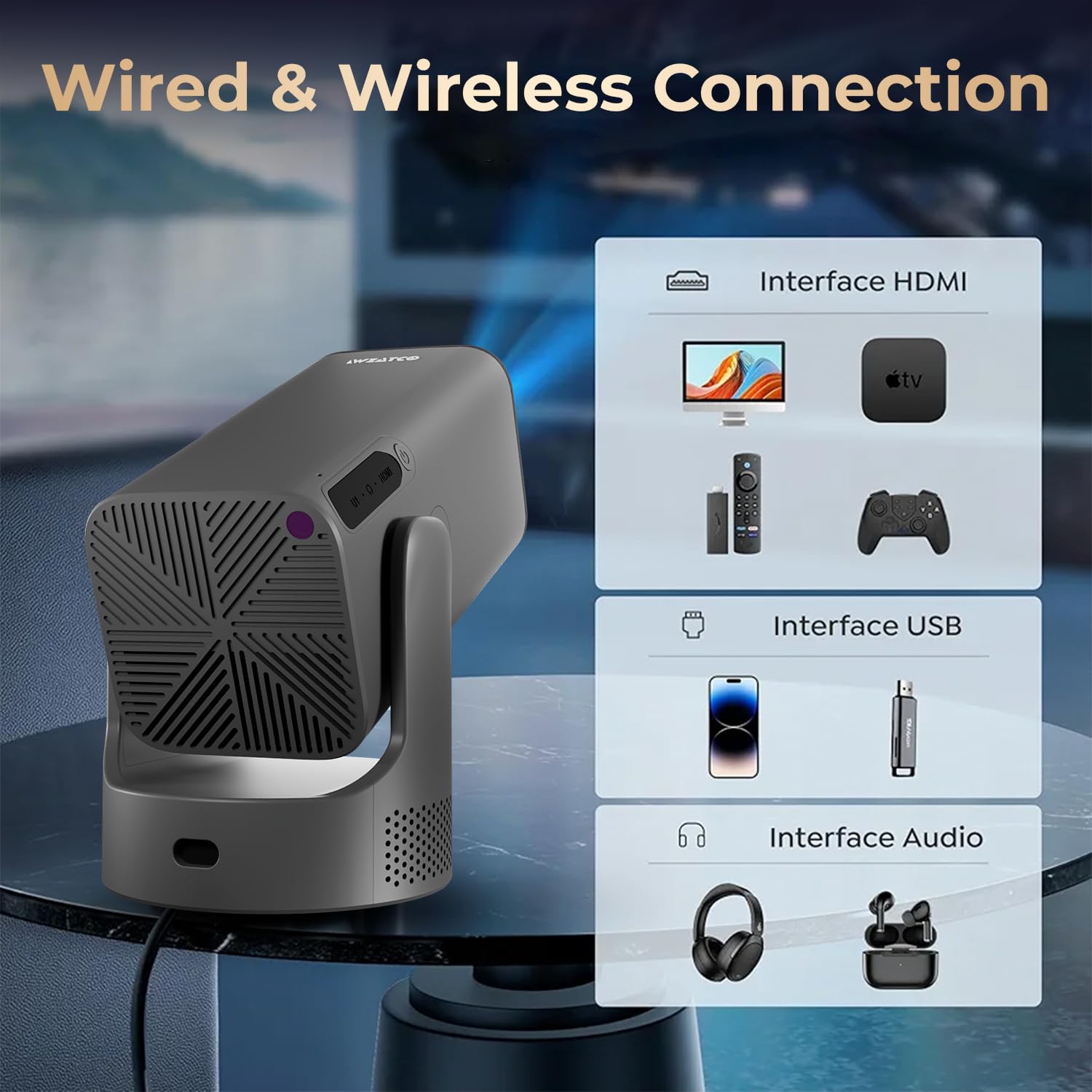 WZATCO Yuva Go Max, Android 13, Fully Automatic, Smart Home Projector 4k Ultra HD, Native 1080P, Live TV, HDMI ARC, WiFi 6 & BT, Screen Mirroring, Portable Room Cinema, 270° Rotate, Grey