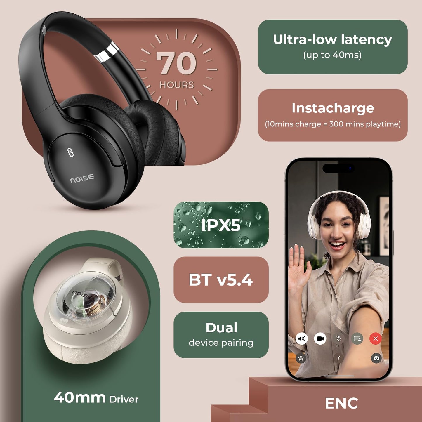 Noise Airwave Max 4 Wireless Over Ear Headphones with 70H Playtime, ENC, 40mm Driver, Low Latency(up to 40ms), Dual Pairing, BT v5.4 (Calm Beige)