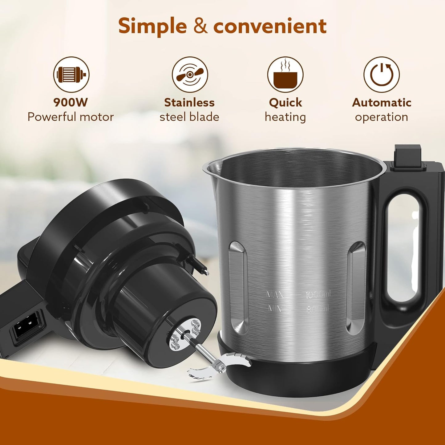 AGARO Elite Soup Maker, 1 Litre, Automatic Blending & Heating,6 Preset Cooking Functions, Copper Motor, Stainless Steel Blades, Grey