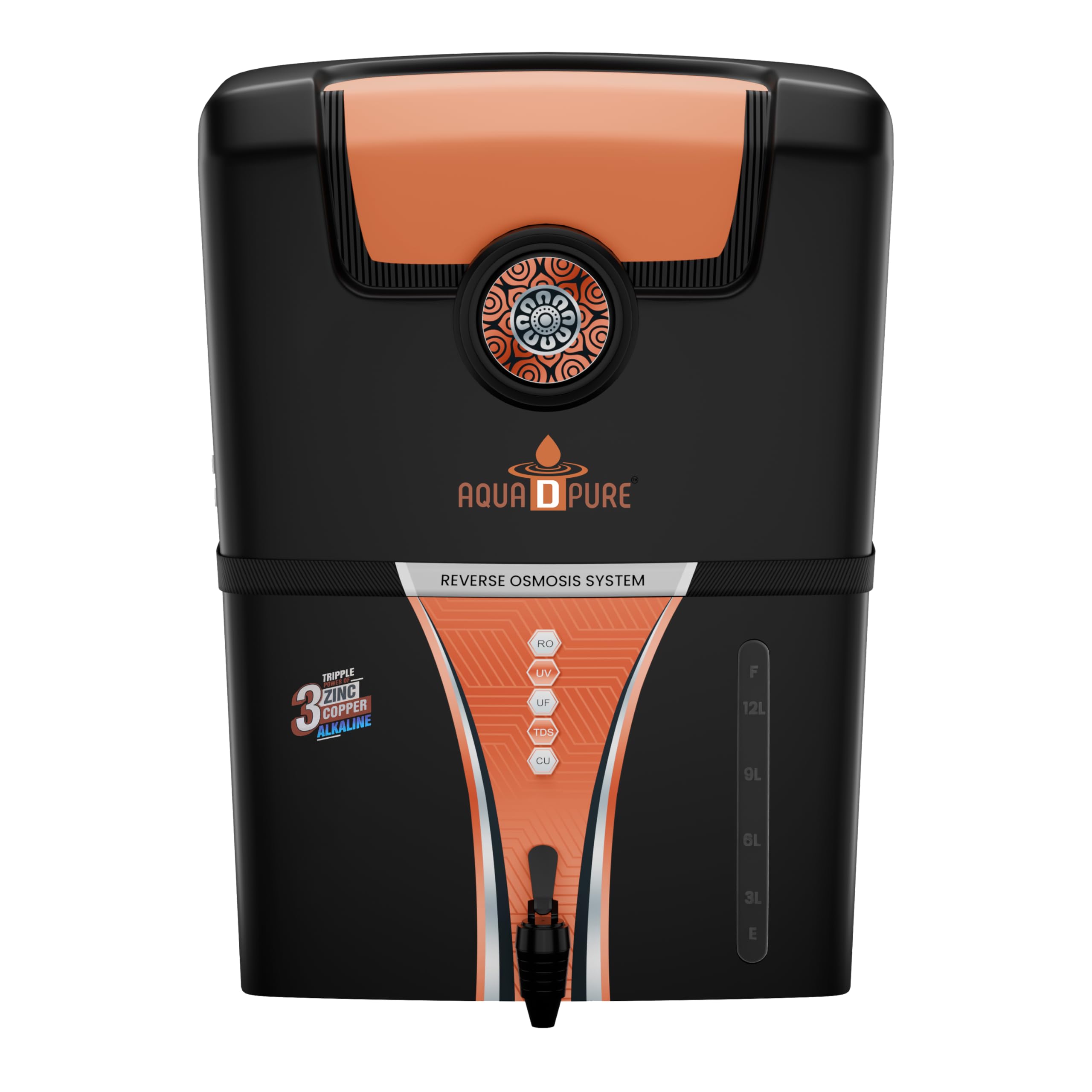 AQUA D PURE 4 in 1 Copper RO Water Purifier with 10 Stage Purification Filtration, UV, UF, TDS Adjuster and 12 Liter Large Storage Tank, Suitable for all type of water supply