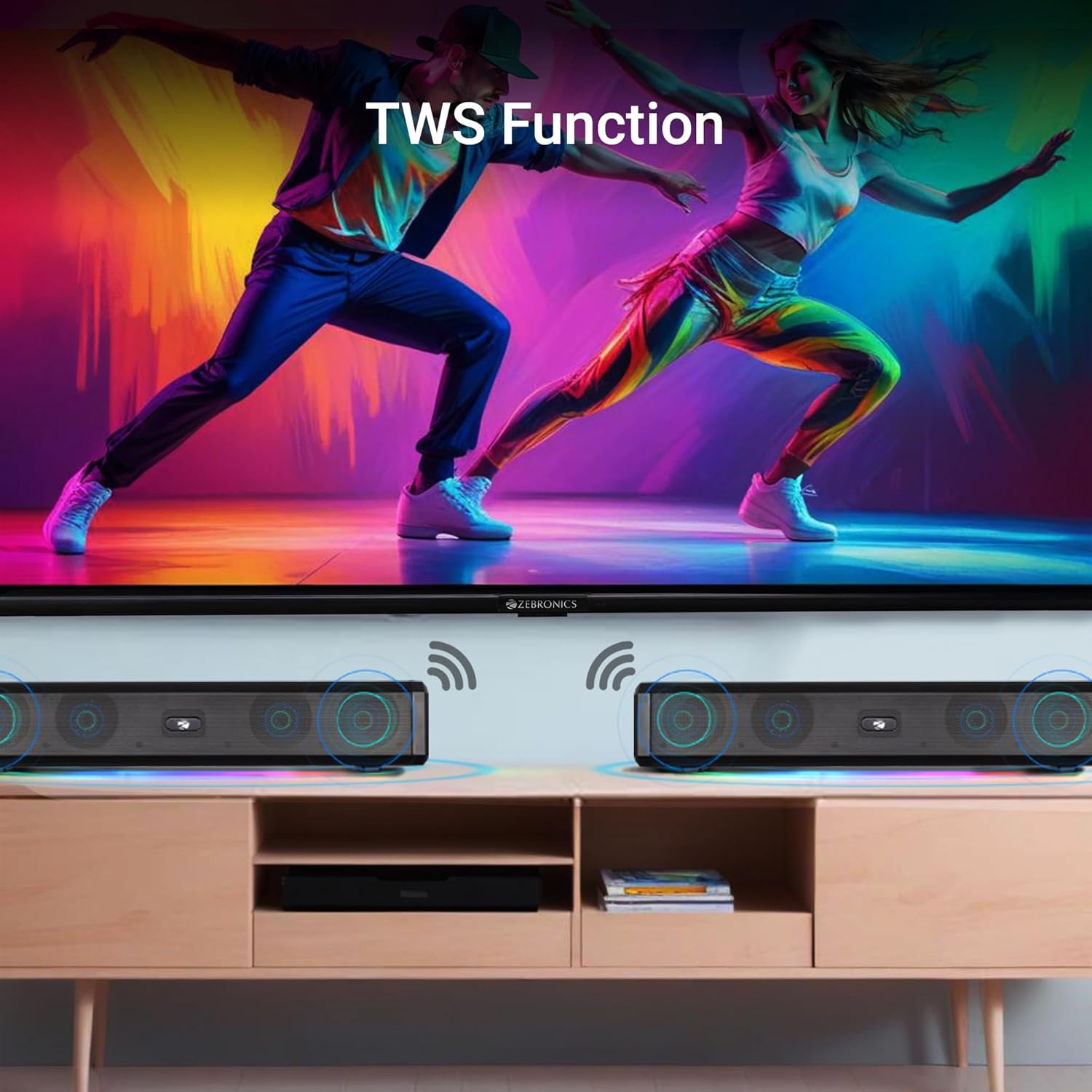 ZEBRONICS VITA BAR 150 Wireless Bluetooth Soundbar, 20W RMS, 2.0 Channel, Dual (52mm Driver & Passive Radiator), Upto 8 Hours Playback, Built in Battery, BTv5.3 | USB | mSD | AUX | | TWS, RGB LED