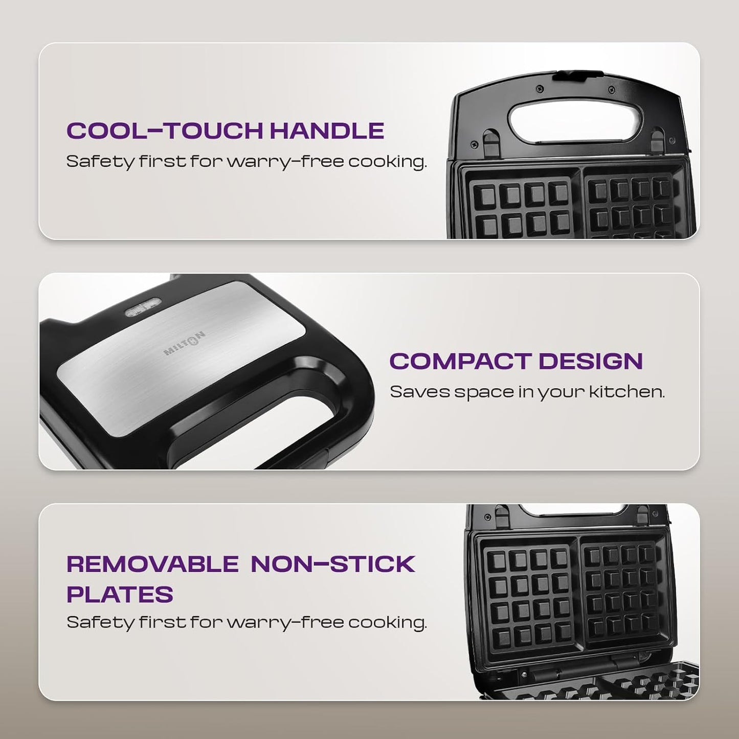 MILTON 850W Royal X 3 in 1 Electric Detachable Sandwich Maker, Bread Toaster, Panini Press Grill, Waffle Set with Removable Non-Stick Plates, Power Indicators | 1 Year Warranty, Black