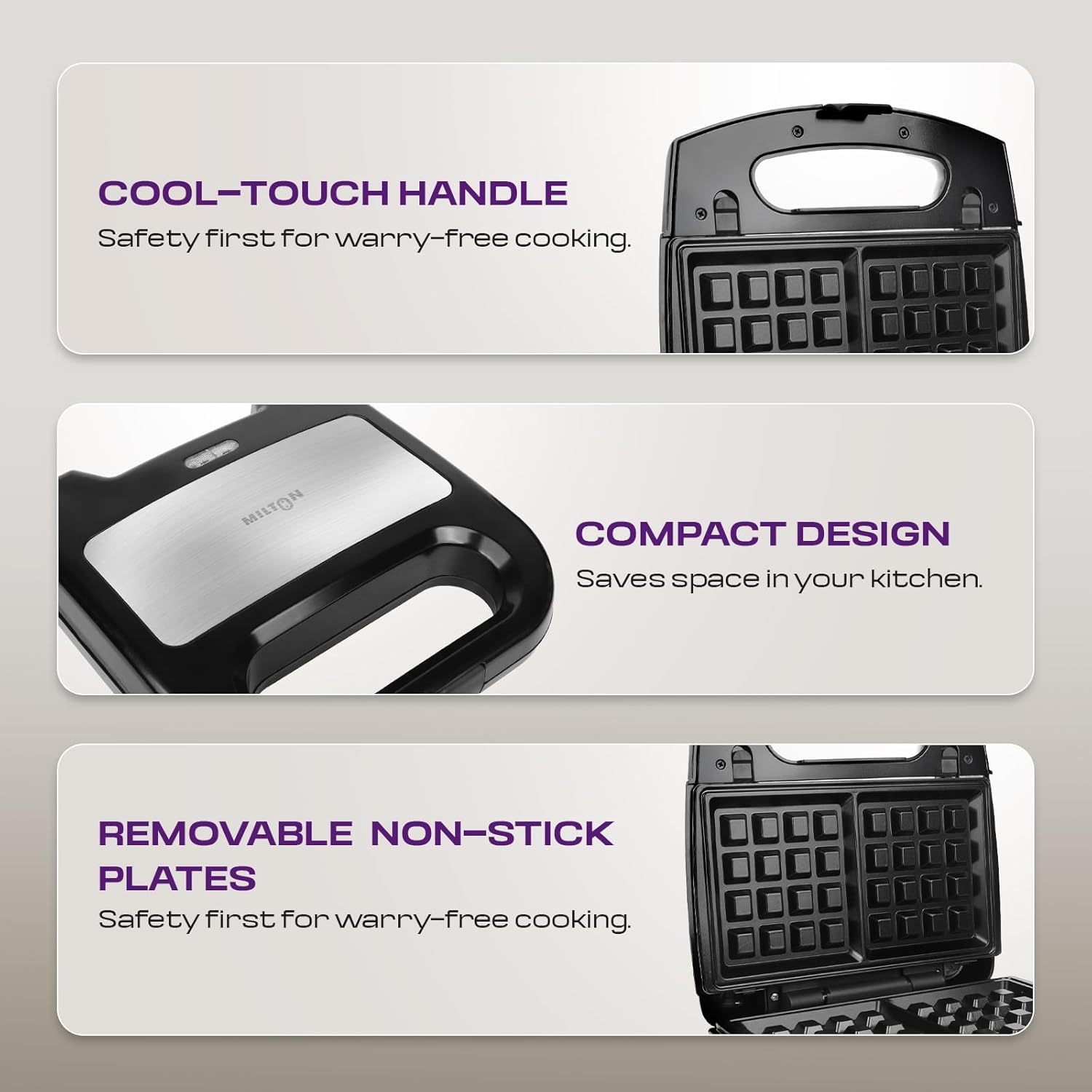 MILTON 850W Royal X 3 in 1 Electric Detachable Sandwich Maker, Bread Toaster, Panini Press Grill, Waffle Set with Removable Non-Stick Plates, Power Indicators | 1 Year Warranty, Black