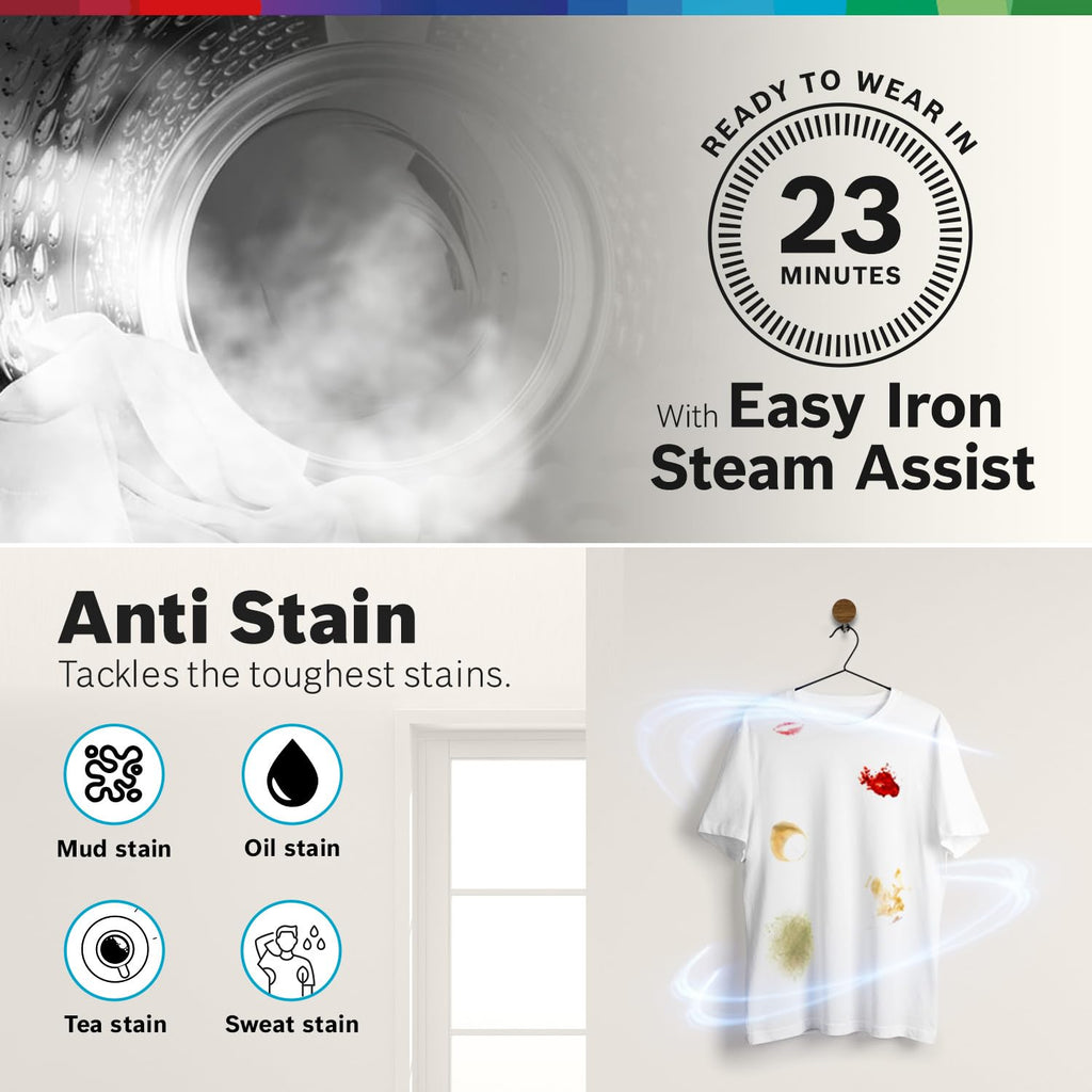 Bosch 8 kg, 5 Star, AI Active Water+, Anti-Tangle, Steam Anti Bacterial, Anti-Wrinkle Fully-Automatic Front Loading Washing Machine (WAJ2826BIN, In-Built Heater, Shiny Silver)