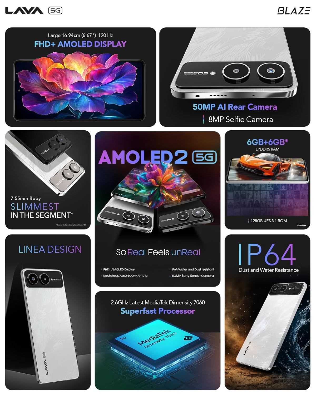 Lava Blaze AMOLED 2 5G (Feather White, 6 GB RAM, 128 GB Storage) | 6.67" FHD+ AMOLED Display | MTK D7060 Processor | 50 MP Front Camera | LPDDR5 UFS 3.1 ROM | 5000 mAh | 33W Fast Charging