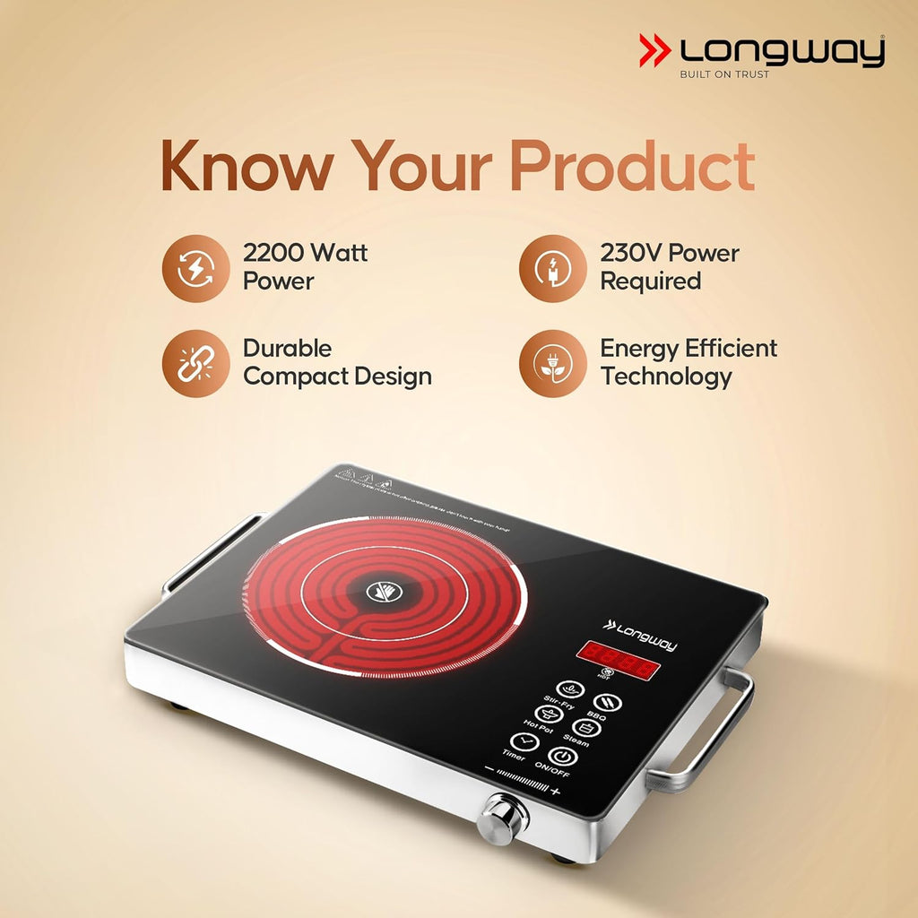 Longway Infralite Pro ICT 2200 W Infrared Induction Cooktop with Free Stainless Steel Grill | Auto Shut Off & Overheat Protection (Black, Touch Control)
