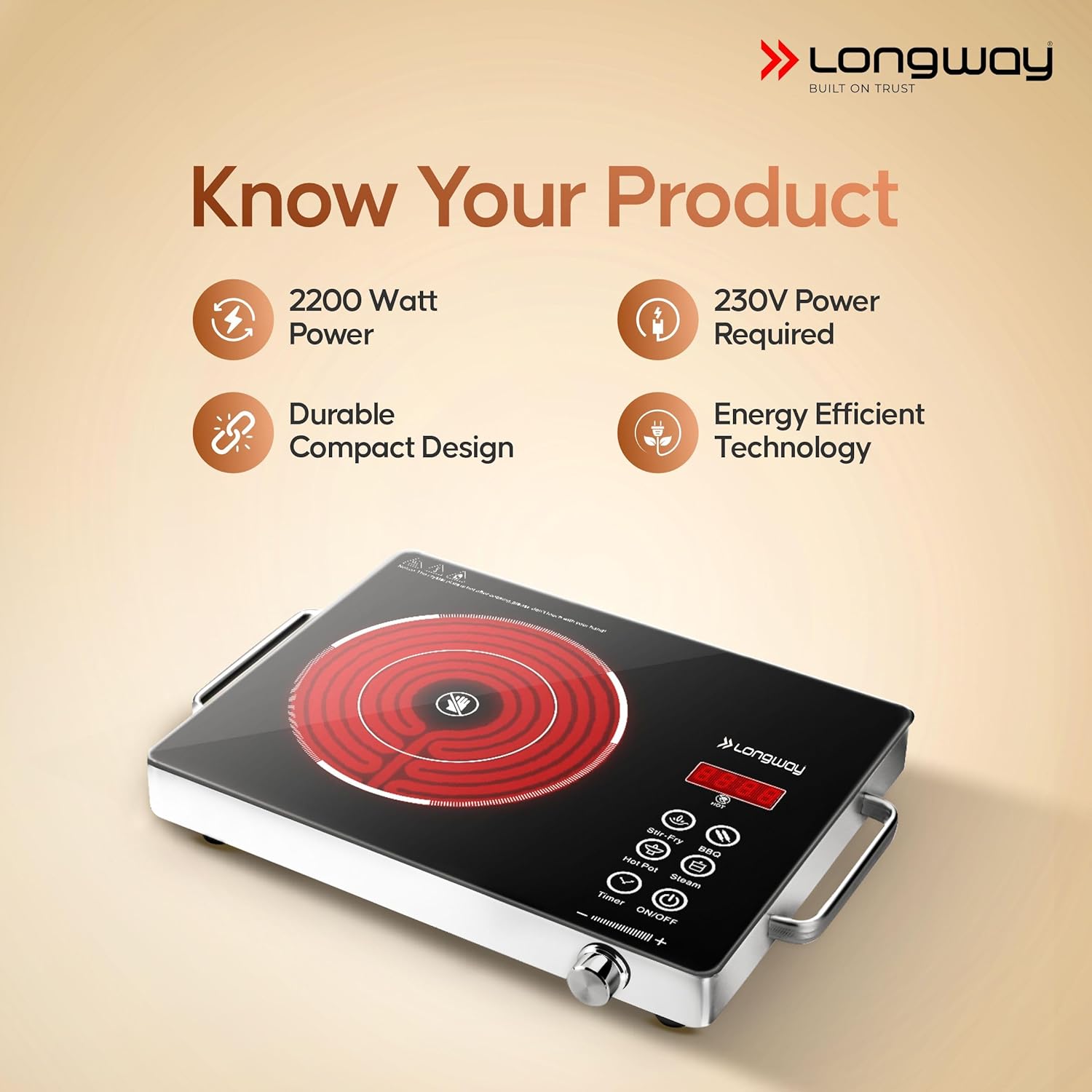 Longway Infralite Pro ICT 2200 W Infrared Induction Cooktop with Free Stainless Steel Grill | Auto Shut Off & Overheat Protection (Black, Touch Control)