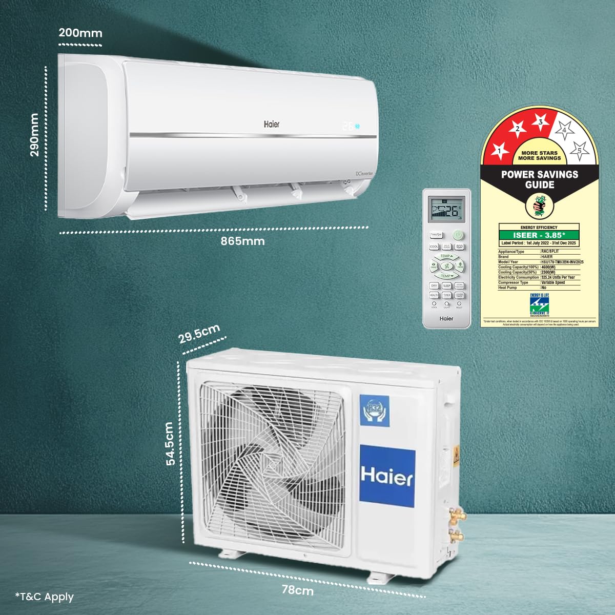 Haier 1.5 Ton 3 Star Twin Inverter Split AC (Copper, 5 in 1 Convertible, Anti Bacterial Filter, Cools at 54°C Temp, Long Air Throw - HSU17V-TMS3BN-INV, White)