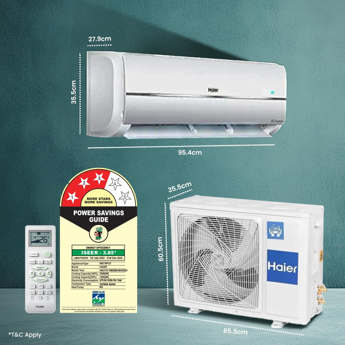 Haier 1 Ton 3 Star Twin Inverter Split AC (Copper, 7 in 1 Convertible, Frost Self Clean, HD Filter, Cools at 54°C, Long Air Throw - HSU11V-TMS3BN-INV,White)