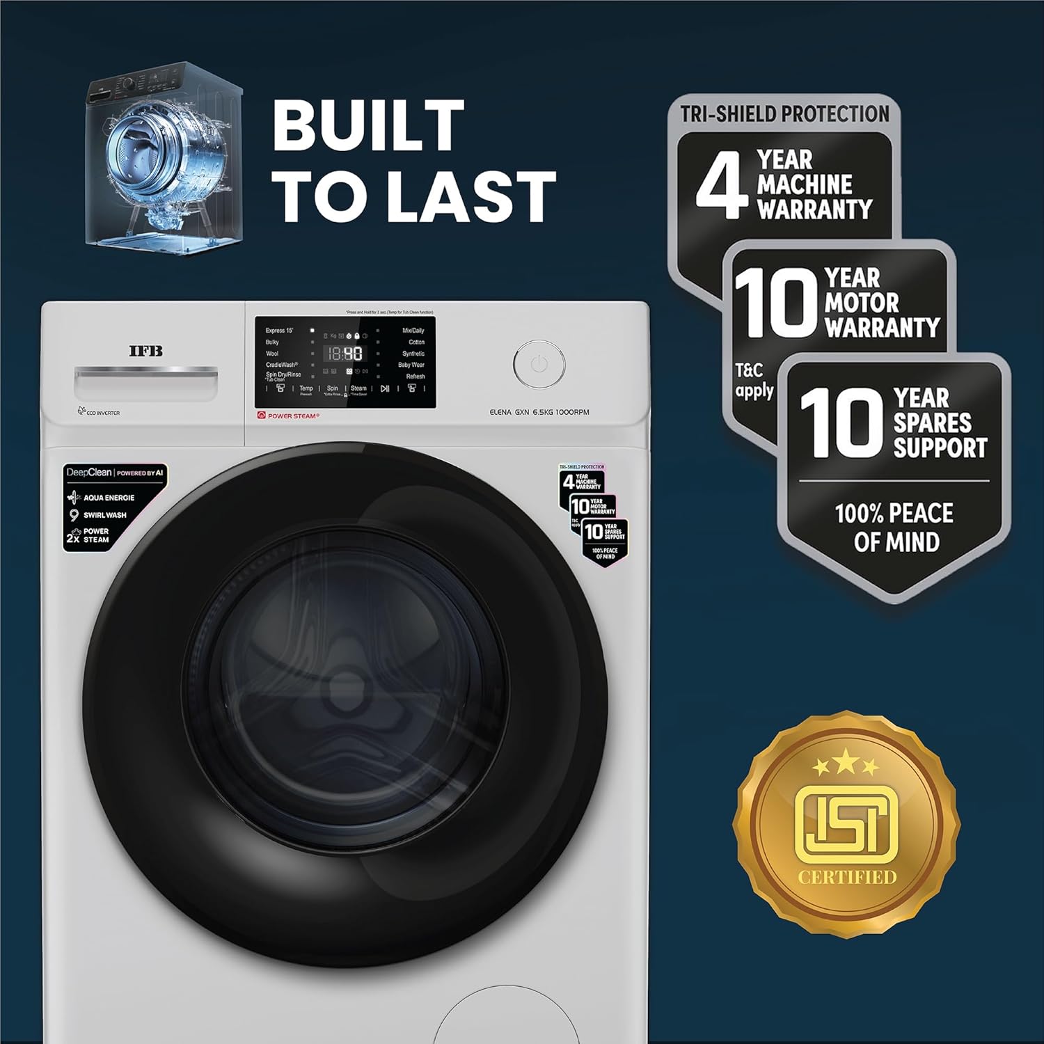 IFB 6.5 Kg 5 Star Powered by AI with 9 Swirl Wash, Fully Automatic Front Load Washing Machine (ELENA GXN 6510, Steam Refresh Program with Eco Inverter, Grey)