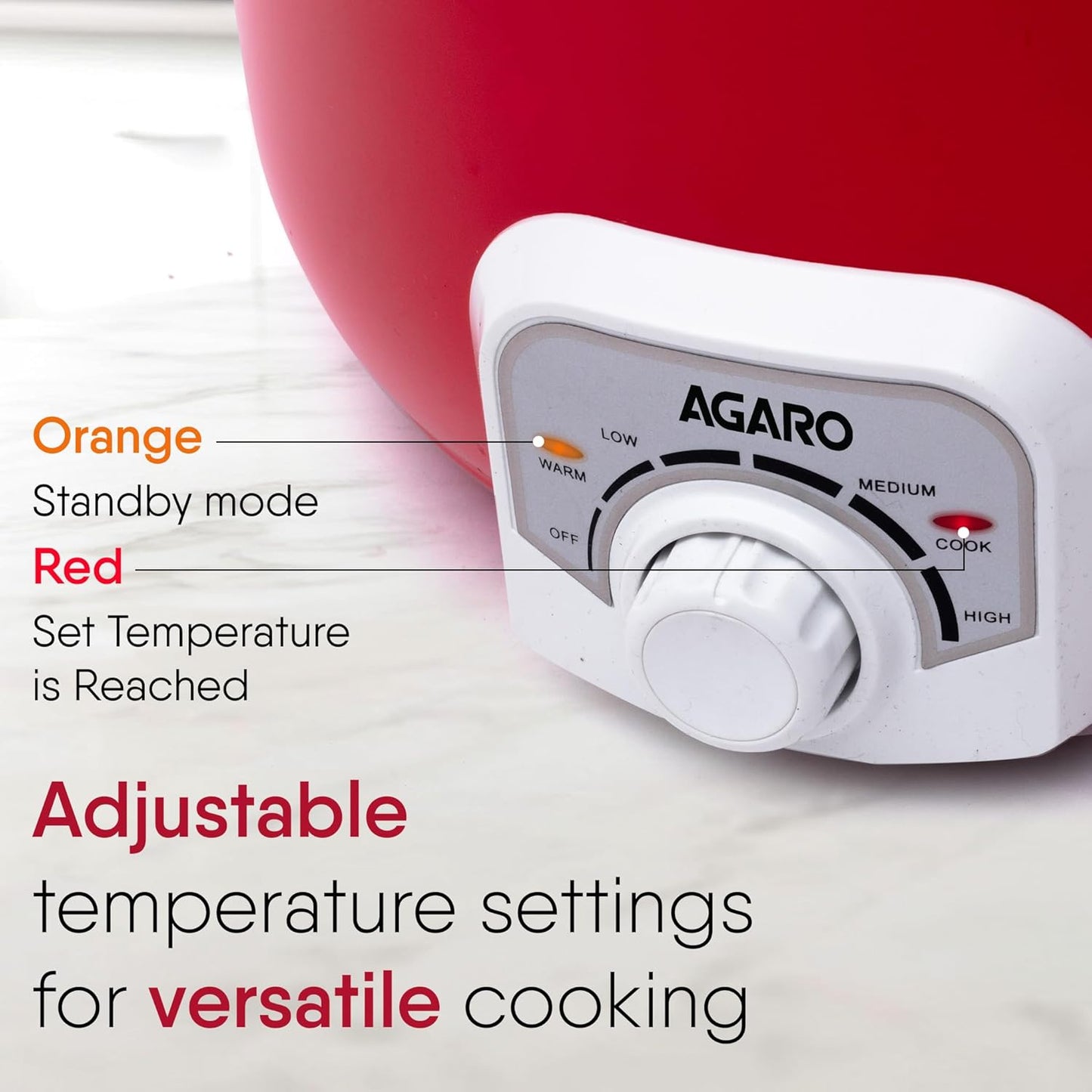 AGARO Regal Electric Multi Cooking Pot, 3L, 1200W, Steamer, Fryer, Aluminium Pot, Glass Lid, Adjustable Temperature Control, Rice, Veggies, Red.