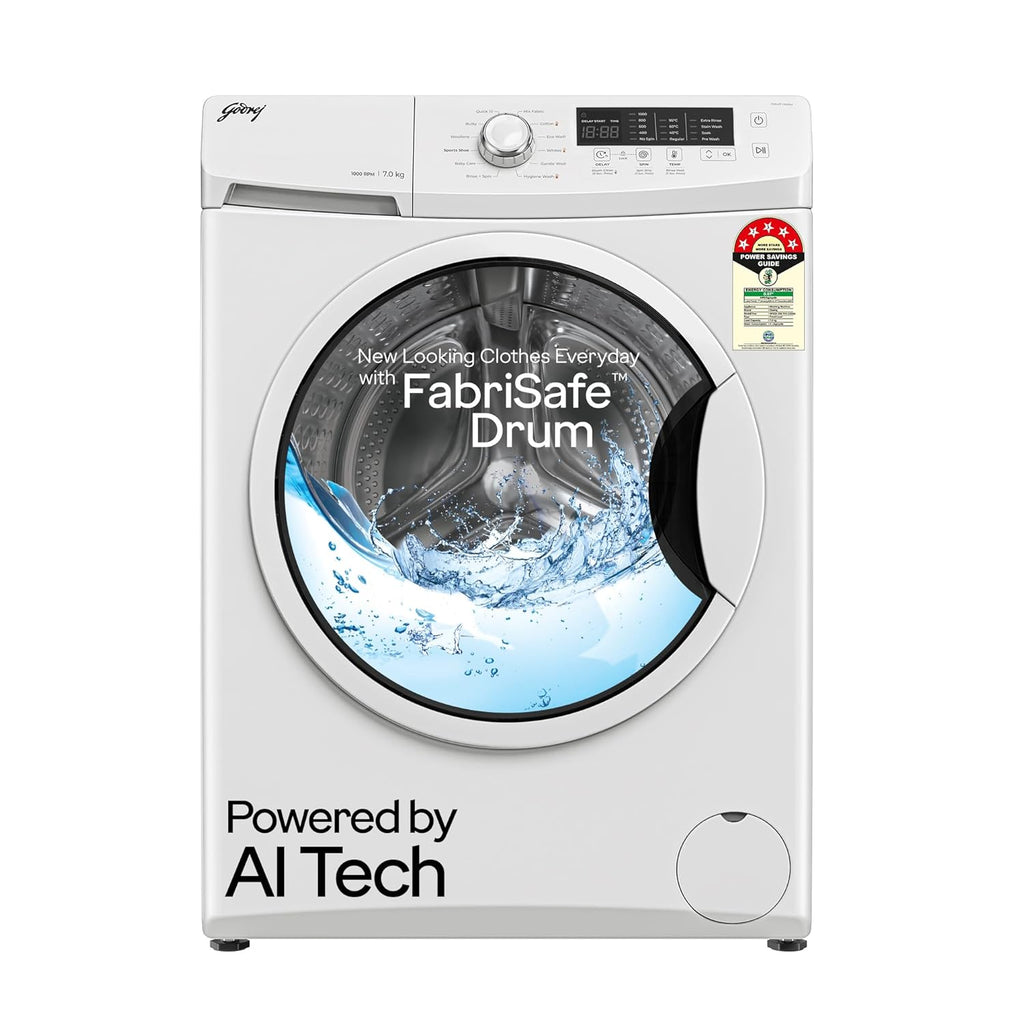 Godrej 7 Kg 5 Star, AI Powered, Inbuilt Heater, Steam Wash, FabriSafe Drum, Refresh Cycle, 65% Water Saving, Fully Automatic Front Load Washing Machine (WFEON CRS 7010 5.0 FKEDM GLWH, Glacial White)