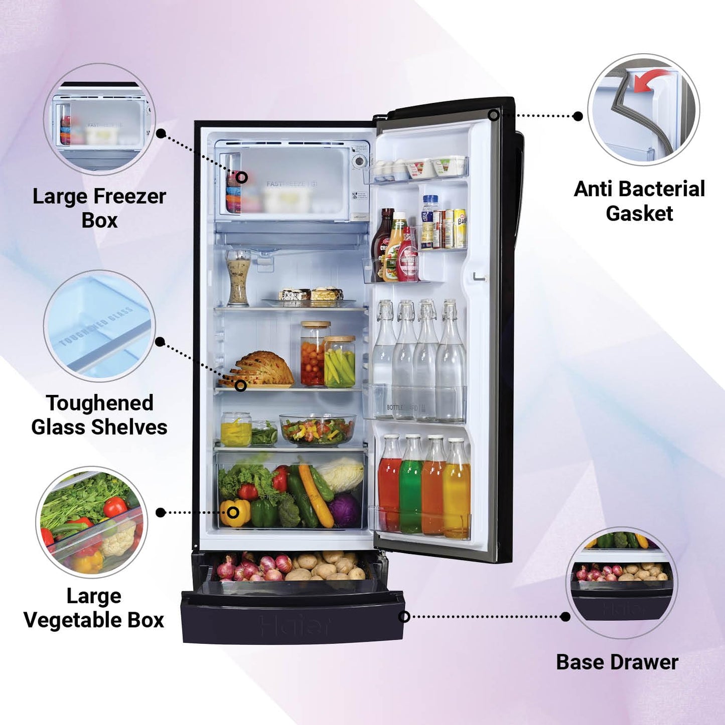 Haier 205 L, 3 Star, Direct-Cool Single Door Refrigerator (HED-213MRB-N, Marine Rose, Base Stand Drawer)