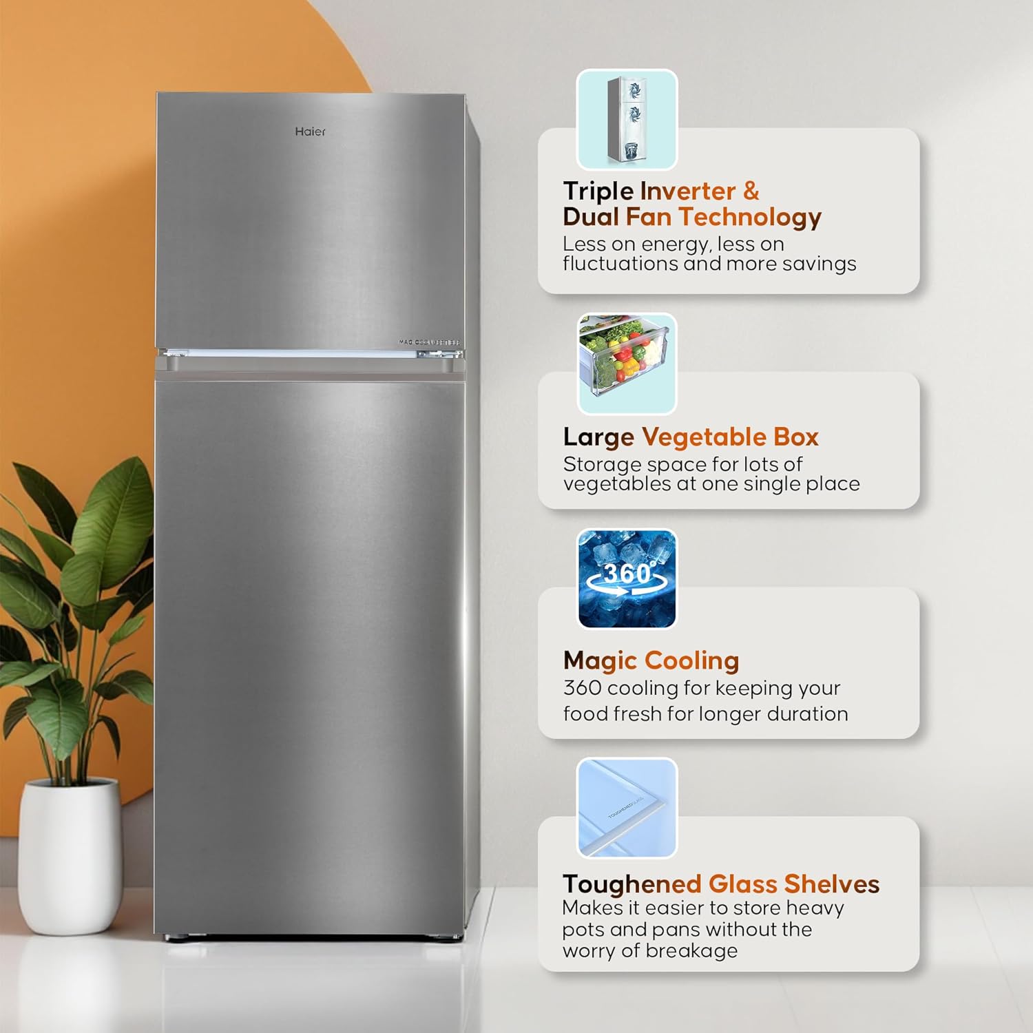 Haier 328 L, 3 Star, Convertible 10-in-1, Triple Inverter & Dual Fan Motor Technology, Frost Free Double Door Refrigerator (HEF-333TS-P, Inox Steel)