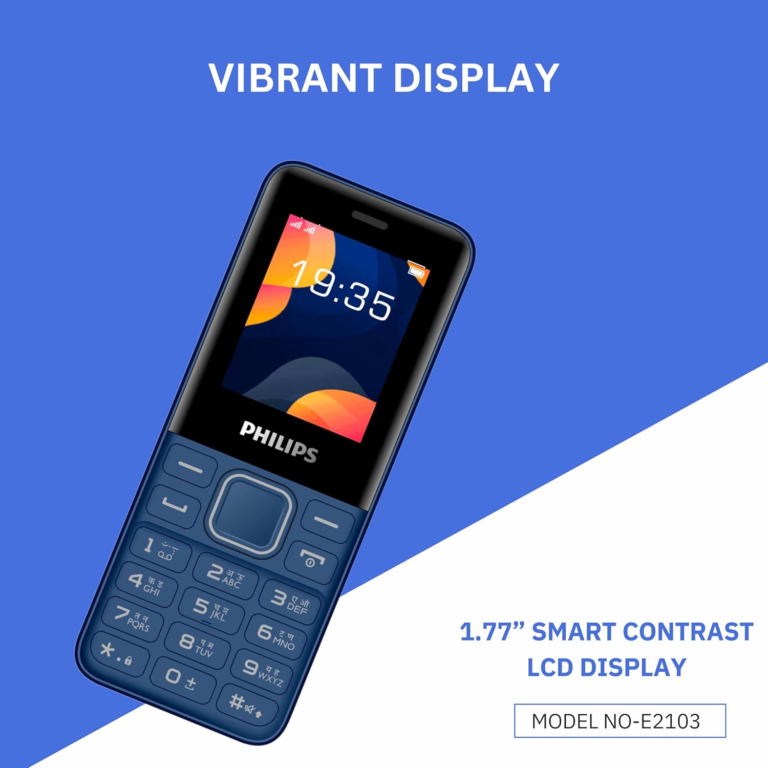 Philips All-New E2103 Sleek & Stylish |Keypad Mobile with 1.77" Screen|1000 MAH Battery | 2030mm Speaker| Wireless FM | Bright Torch|Blue