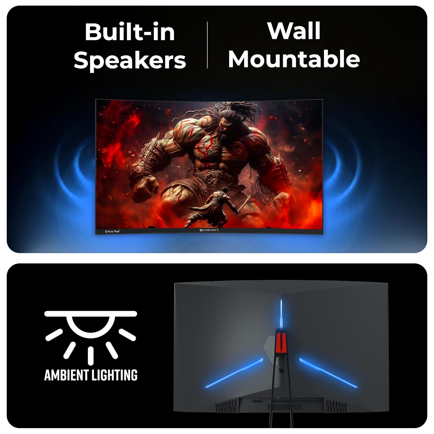 ZEBRONICS N32A 32"(80 cm) 1500R Curved Gaming Monitor, QHD 2560x1440, Antiglare, 300Nits, 180Hz, 1ms MPRT, HDR10, 99% sRGB | 92% DCI-P3, Adaptive Sync, 2 x DP | 2 x HDMI | 1 x 3.5mm