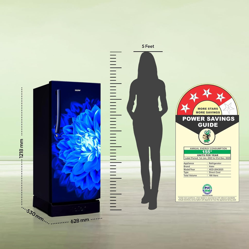 Haier 190 L, 4 Star, Direct-Cool Single Door Refrigerator (HED-204MDB, Marine Dahelia, Base Stand Drawer)