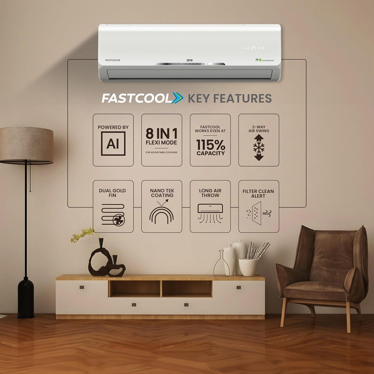 IFB 2025 Model Silver Star Series 1.5 Ton 5 Star Split AC with HD Compressor, AI, Dual Gold Fin, Nano Tek Coating & 8-in-1 Flexi Mode – White (CI185SS22RGN1, Copper Condenser)