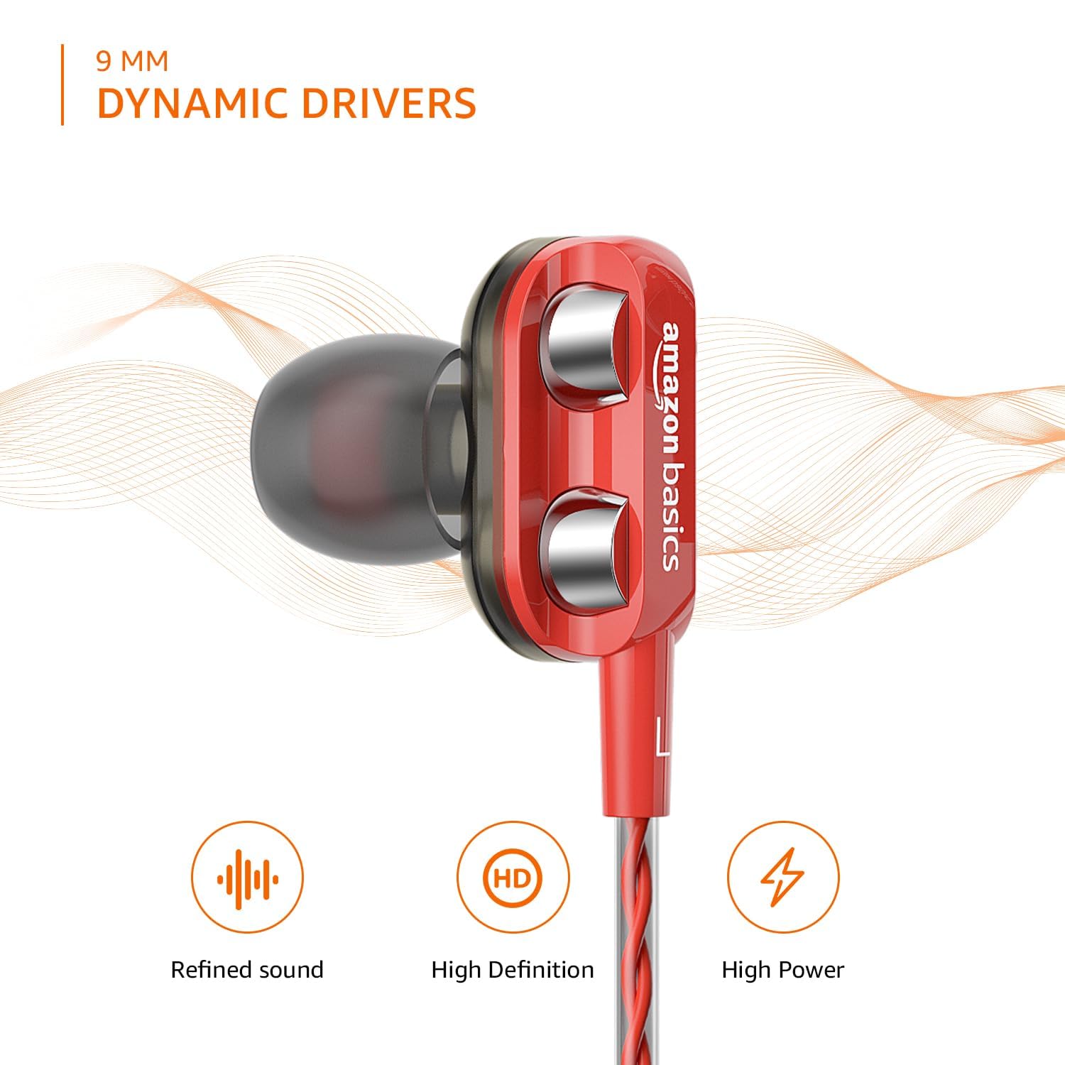 amazon basics in-Ear Wired Earphones with 9 mm Dual Drivers, in-Line Mic, Powerful Bass, Noise Isolation, 3.5 mm Audio Jack (Black and Red)