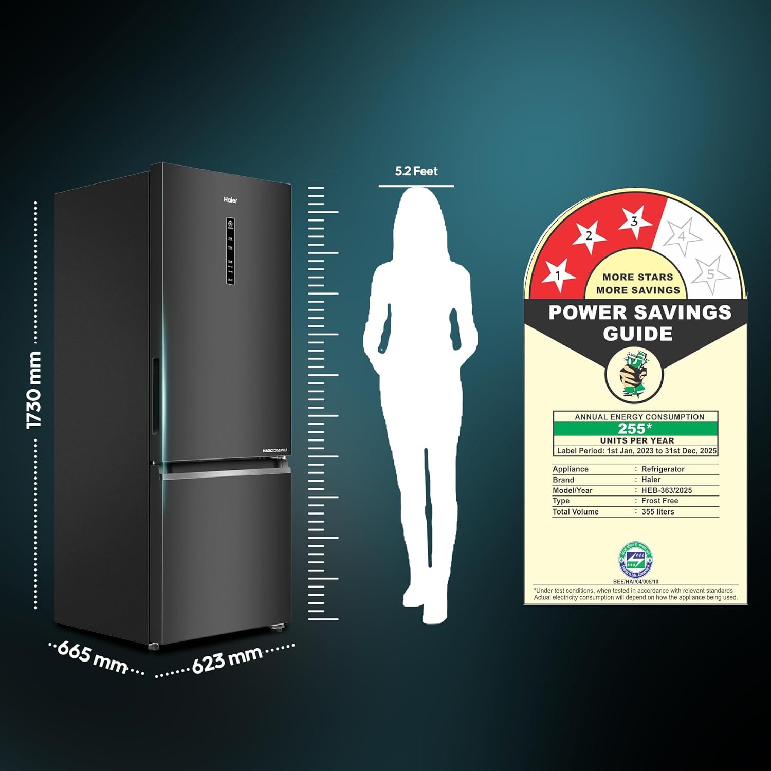 Haier 355 L 3 Star Frost Free Bottom Mount Double Door Refrigerator|Convertible 14-in-1|Jhukna Mat-Bottom Freezer|Digital Display Panel|Triple Inverter|Twist Ice Maker (HEB-363MB-P, Graphite Black)