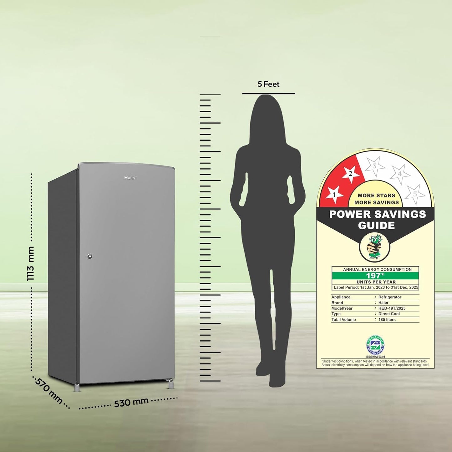 Haier 185 L, 2 Star, Direct-Cool Single Door Refrigerator (HED-19TMS-N, Moon Silver)