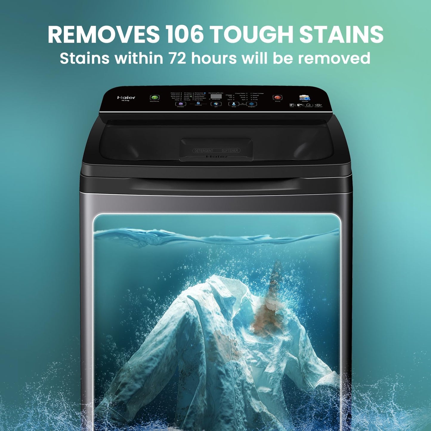 Haier 10.5 kg 5 Star Inbuilt Butterfly heater, Oceanus Wave Drum Washing Machine Fully Automatic Top Load (HWM105-H688BK,Black)